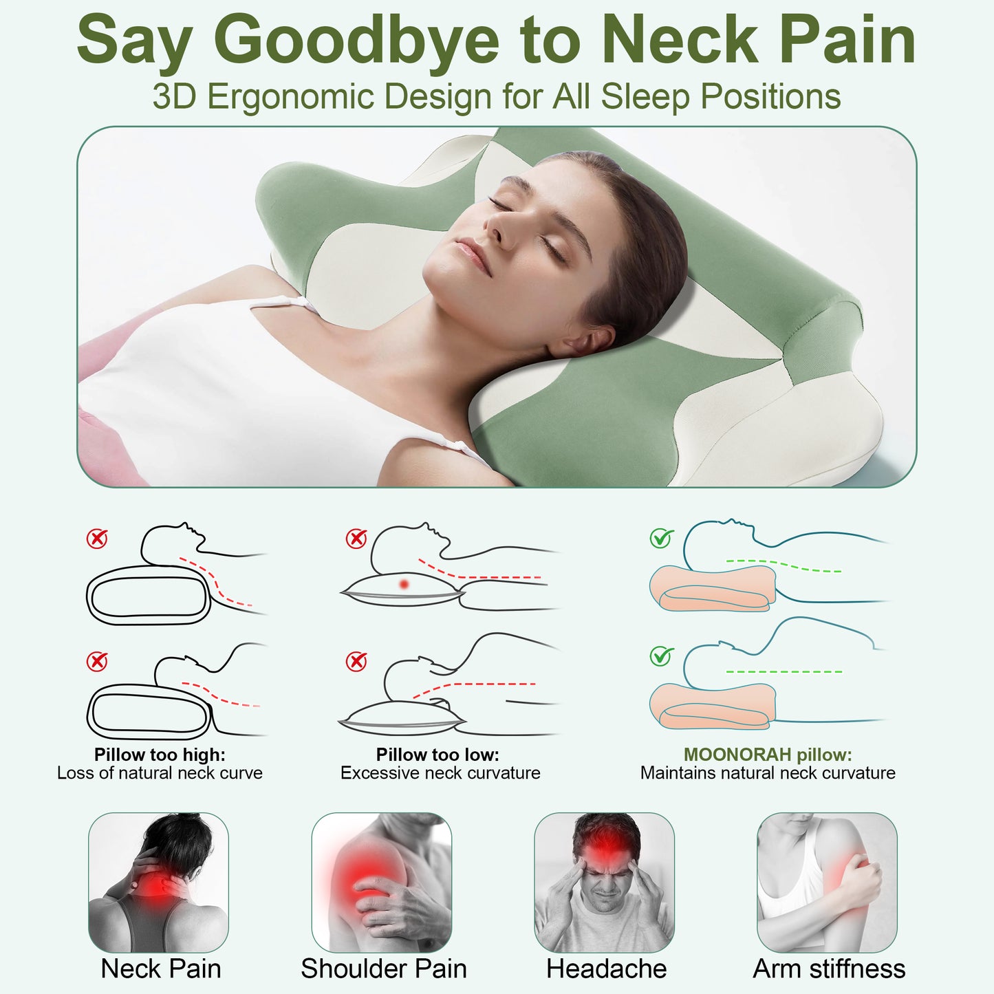MOONORAH Cooling Bed Pillow for Neck & Shoulder Pain Relief, Cervical Support Comfort Pillow for Side Back Stomach Sleeper, Ergonomic Enhancing Contour Memory Foam Pillows for Sleeping