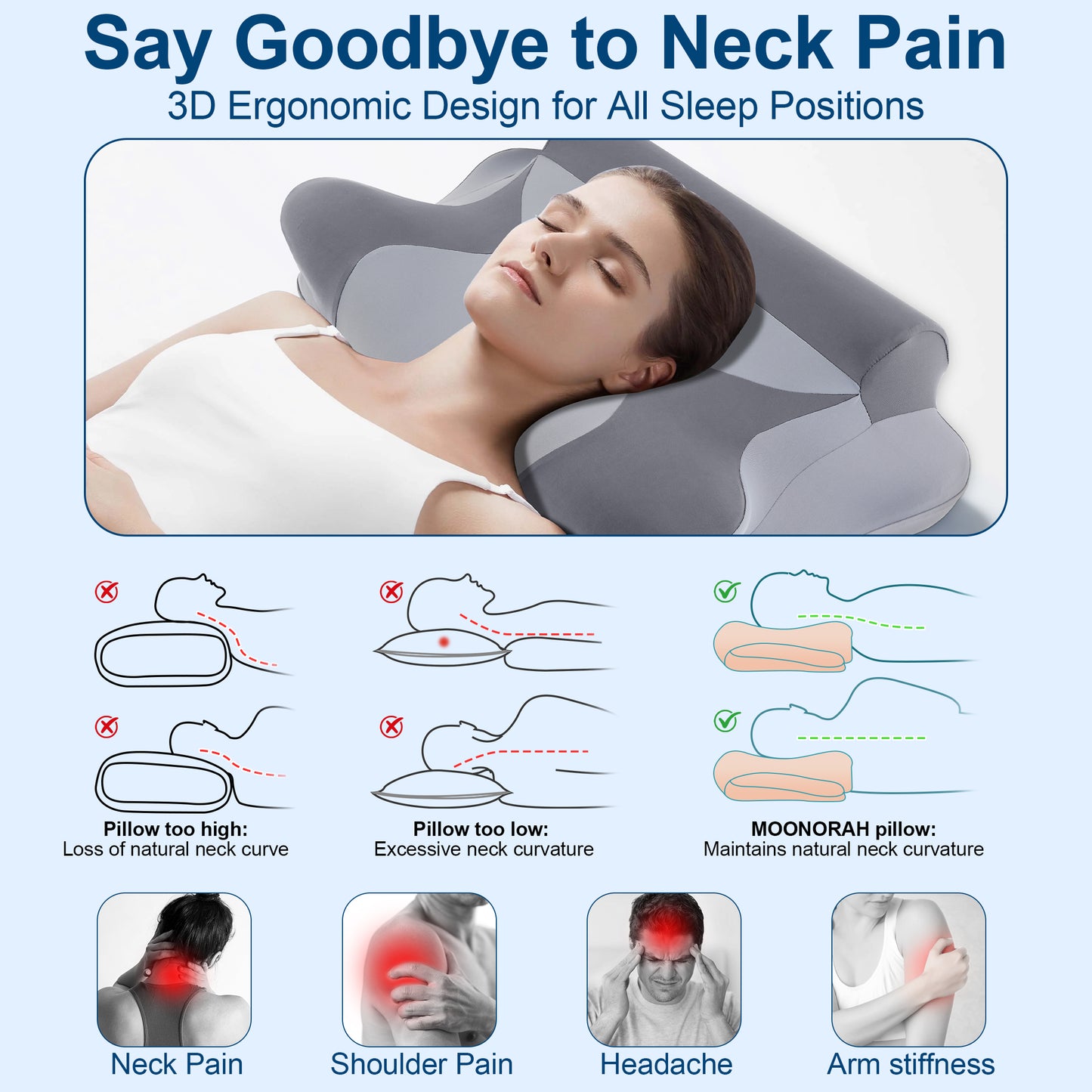 MOONORAH Cooling Bed Pillow for Neck & Shoulder Pain Relief, Cervical Support Comfort Pillow for Side Back Stomach Sleeper, Ergonomic Enhancing Contour Memory Foam Pillows for Sleeping
