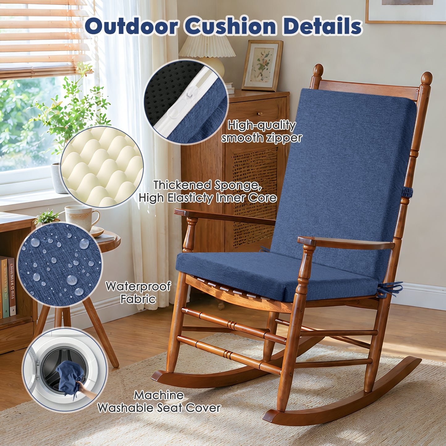 MOONORAH Outdoor Chair Cushions, 42"L x 18"W High Density Sponge with Zipped Waterproof Seat Cushion for Garden Sofa Midback Rocking Chair, Navy Blue