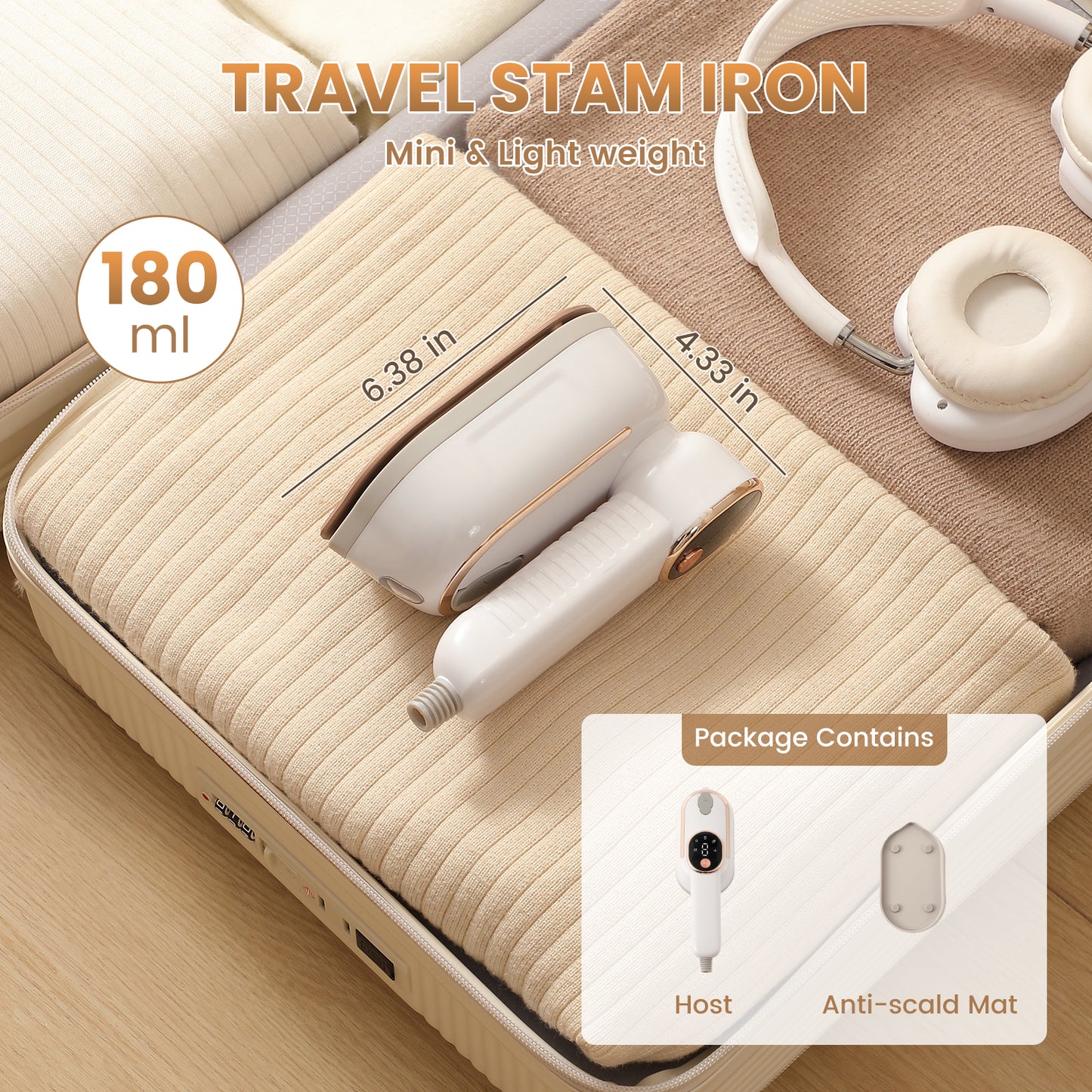 ZALFLEX Travel Steamer Iron for Clothes, 1400W Handheld Size Portable Travel Steamer, 3 Steam Levels Garment Steamers with LCD Screen, 15S Fast Heat-up Steamer for Dress Shirt Home Travel, White