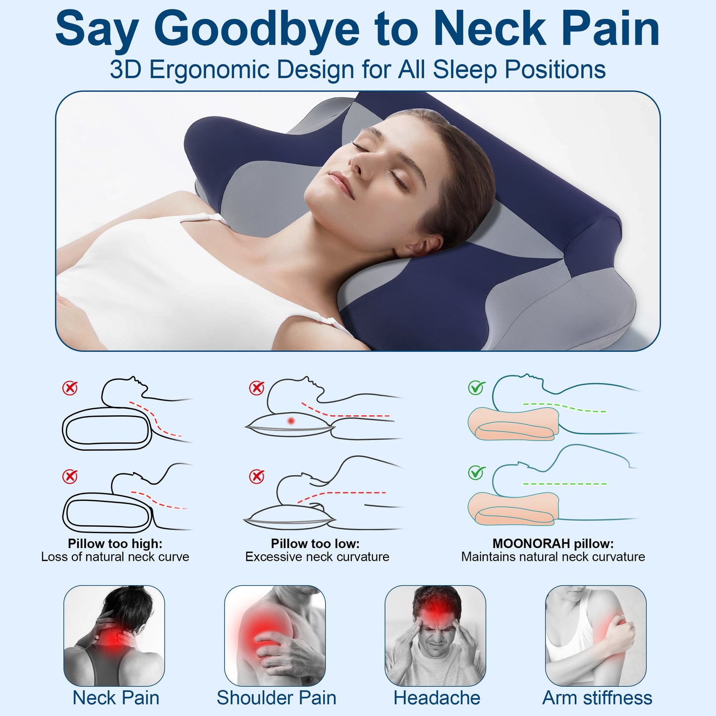 MOONORAH Cooling Bed Pillow for Neck & Shoulder Pain Relief, Cervical Support Comfort Pillow for Side Back Stomach Sleeper, Ergonomic Enhancing Contour Memory Foam Pillows for Sleeping, Dark Blue