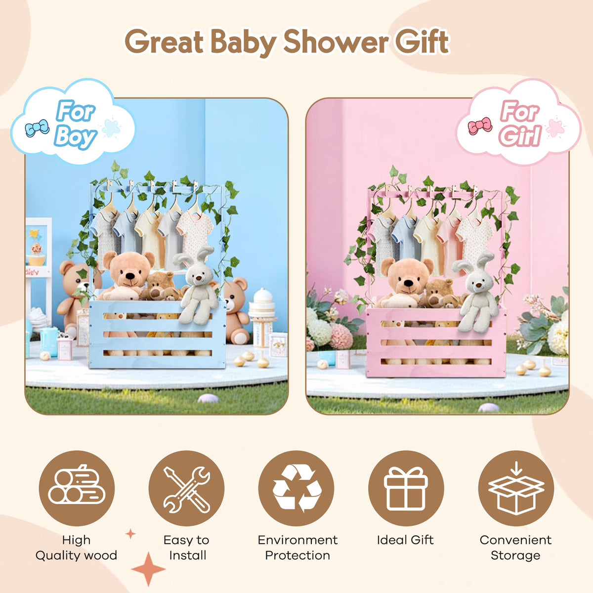 Onekawa Wooden Baby Shower Crate Closet with Handle - Baby Storage Box
