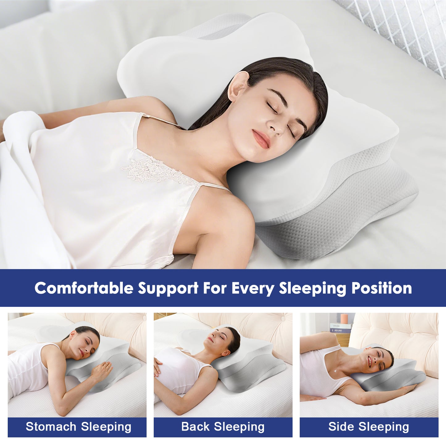MOONORAH Cervical Neck Pillow, Memory Foam Bed Pillows with Ergonomic Contour Design for Neck Support and Pain Relief, Comfortable Sleeping Pillow for Side, Back and Stomach Sleepers,Gray & White