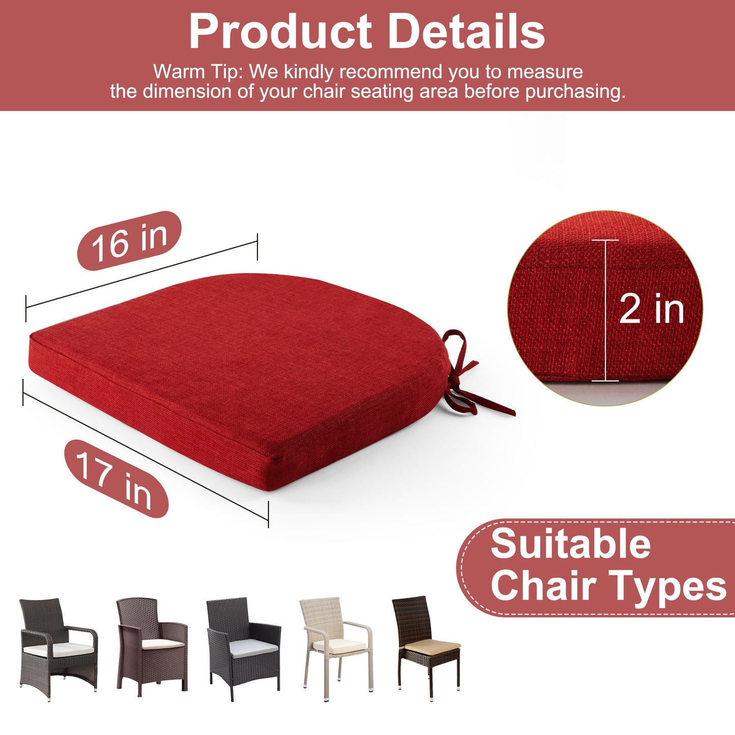 Panpaddle Outdoor Seat Pads Seat Cushions 4-Piece Solid Waterproof Patio Seat Chair Cushions 17"X16"X2" Rounded Square Patio Cushions, Wine Red, Set of 4