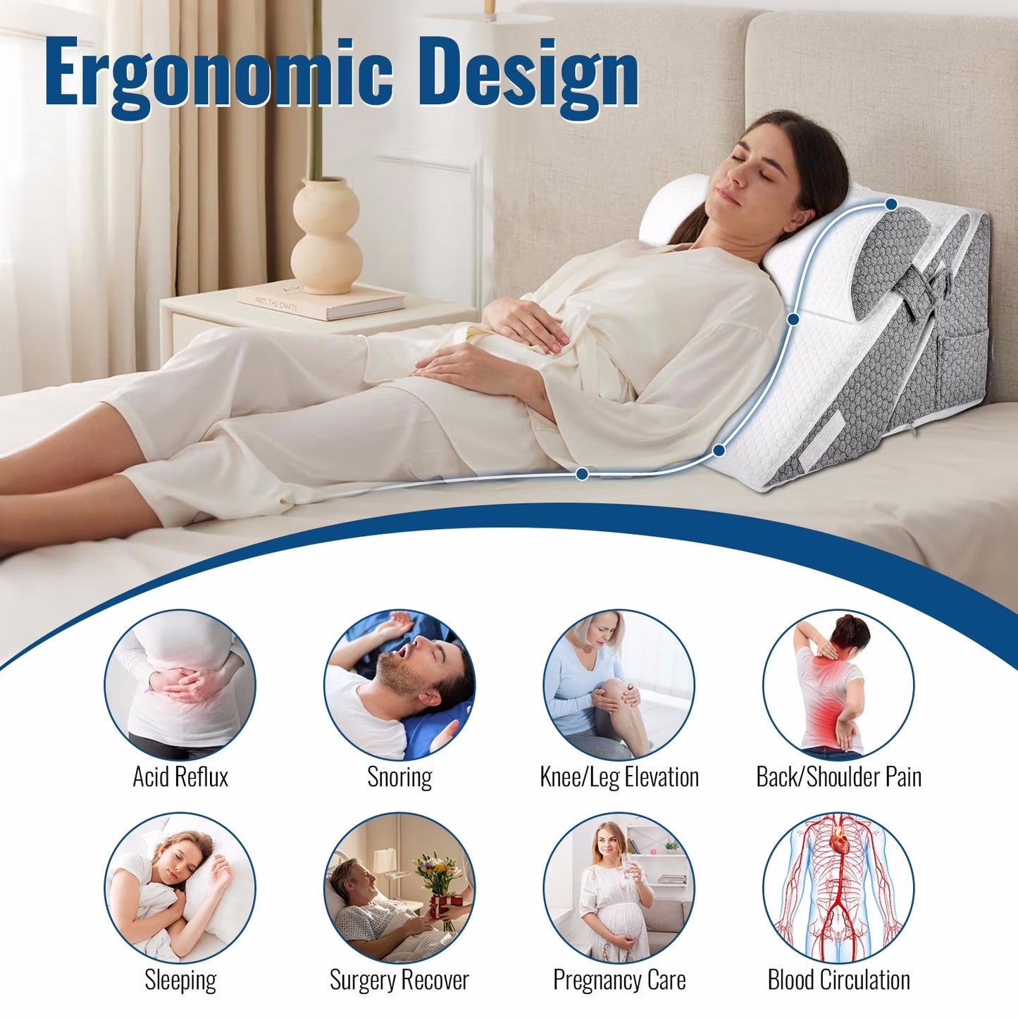 Lafaytte Wedge Pillow for Sleep Apnea, Adjustable Bed Headboard Support Cushion, Orthopedic Memory Foam Wedge Pillow for Acid Reflux, Back Pain, Neck Relief,Elevated Sleeping Pillow with Neck Support