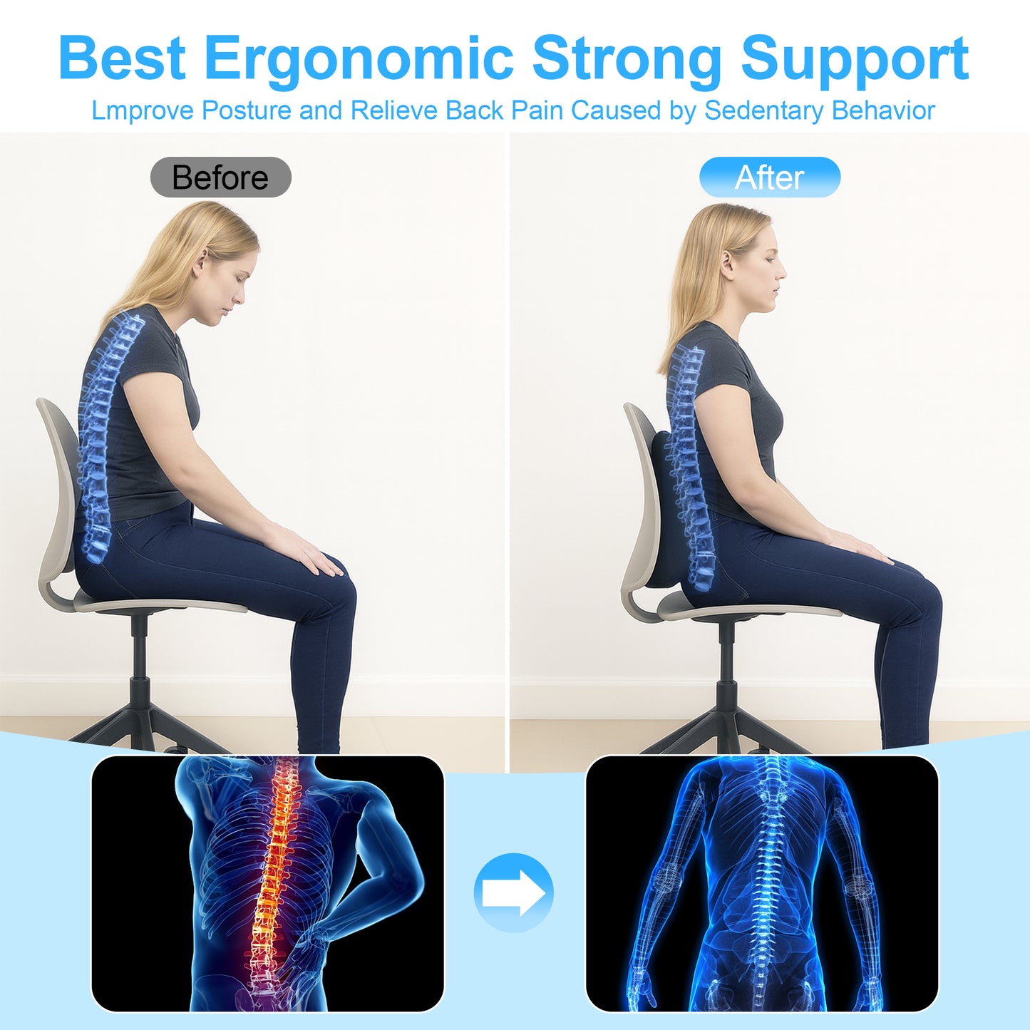 WANALIT Ergonomic Lumbar Support Pillow for Office Chair & Car - Memory Foam Back Cushion for Lower Back Pain Relief - Breathable Mesh Cover with Adjustable Straps, Black