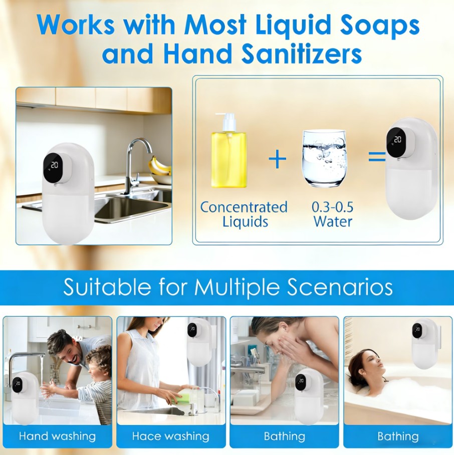 WANALIT Automatic Foaming Soap Dispenser, Touchless Smart Sensor with Display (Temp/Battery), 3 Adjustable Foam Levels, 13.52oz Rechargeable, Wall Mount for Kitchen Bathroom Dish Soap, White
