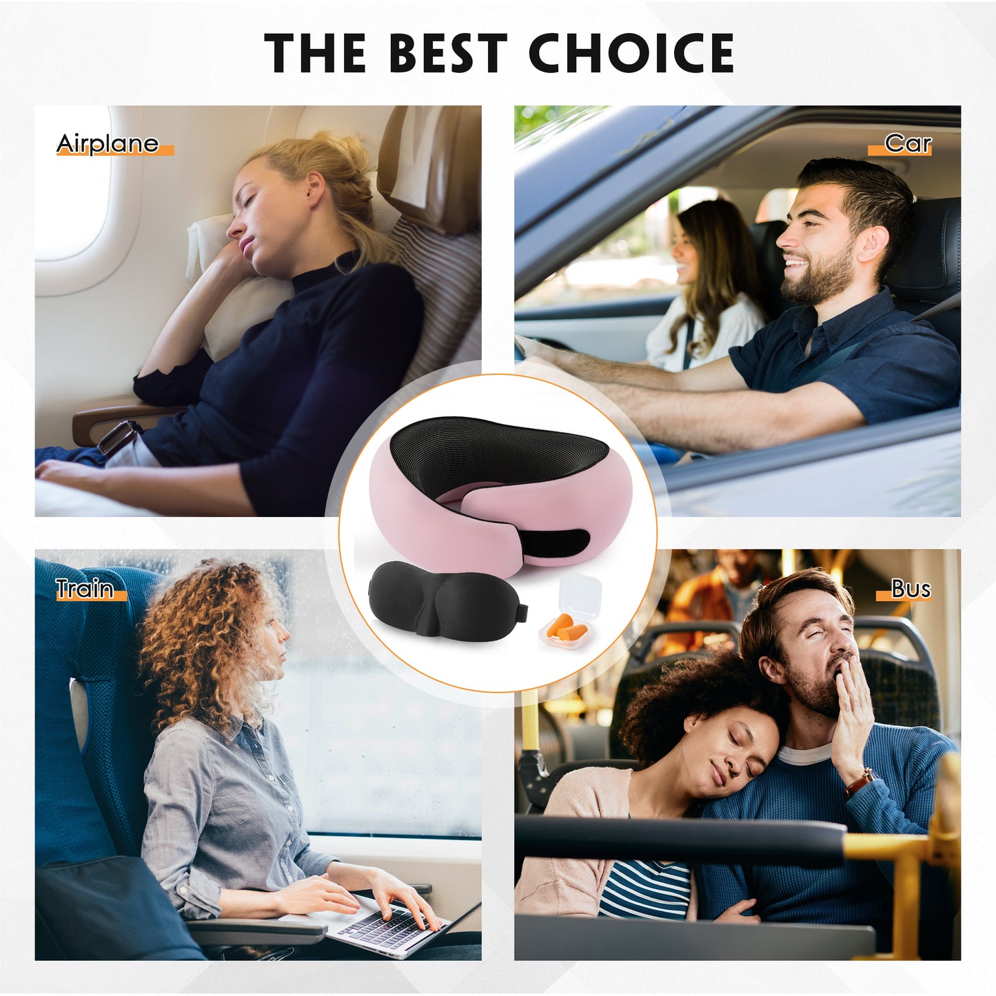 MOONORAH Travel Pillows for Airplanes, Travel Neck Pillow Travel Pillow, 360° Support Memory Foam Travel Pillow with 3D Contoured Eye Mask, Earplugs and Storage Bag for Airplanes Offices, Cars, Pink