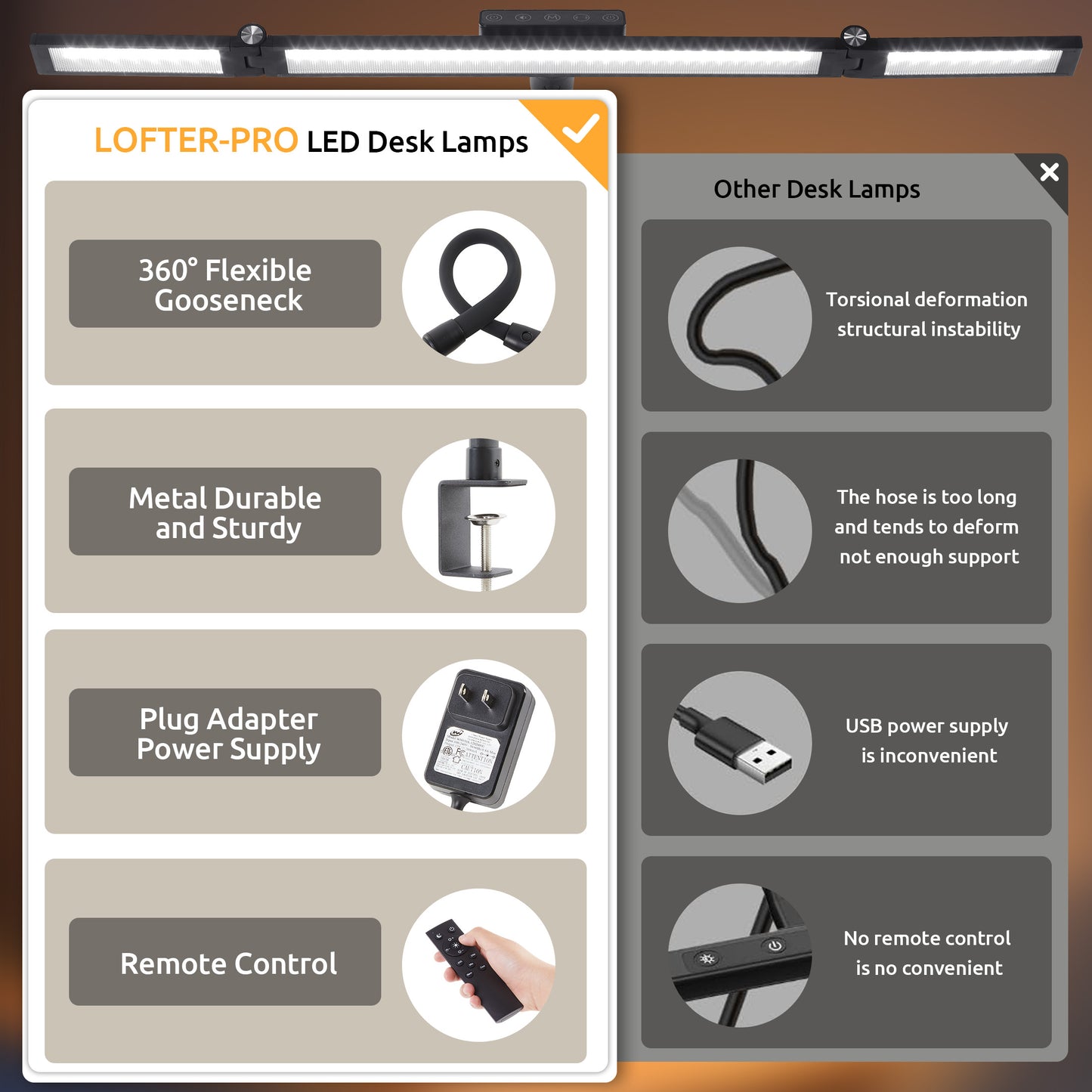 LOFTER-PRO LED Desk Lamps for Home Office, Eye Caring Architect Table Lights with Clamp, 24W Dimmable Overhead Light, Adjustable Flexible Gooseneck, 25 Lighting Models with Remote Control, Black
