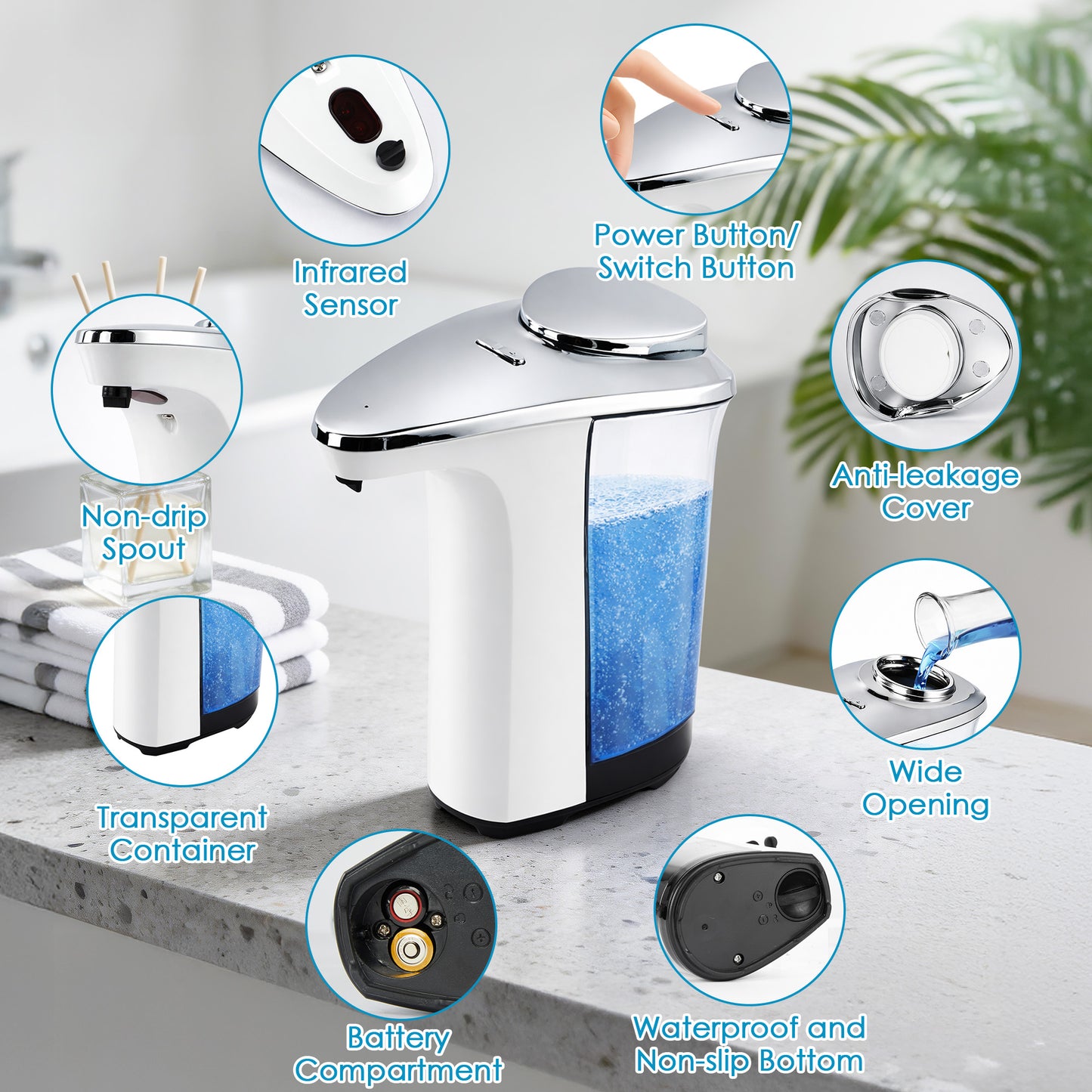 WANALIT Automatic Soap Dispenser Touchless, 17oz/500ml Dish Soap Dispenser with Infrared Sensor, 5 Adjustable Foam Levels, for Kitchen Bathroom Sink Countertop, Silver-White