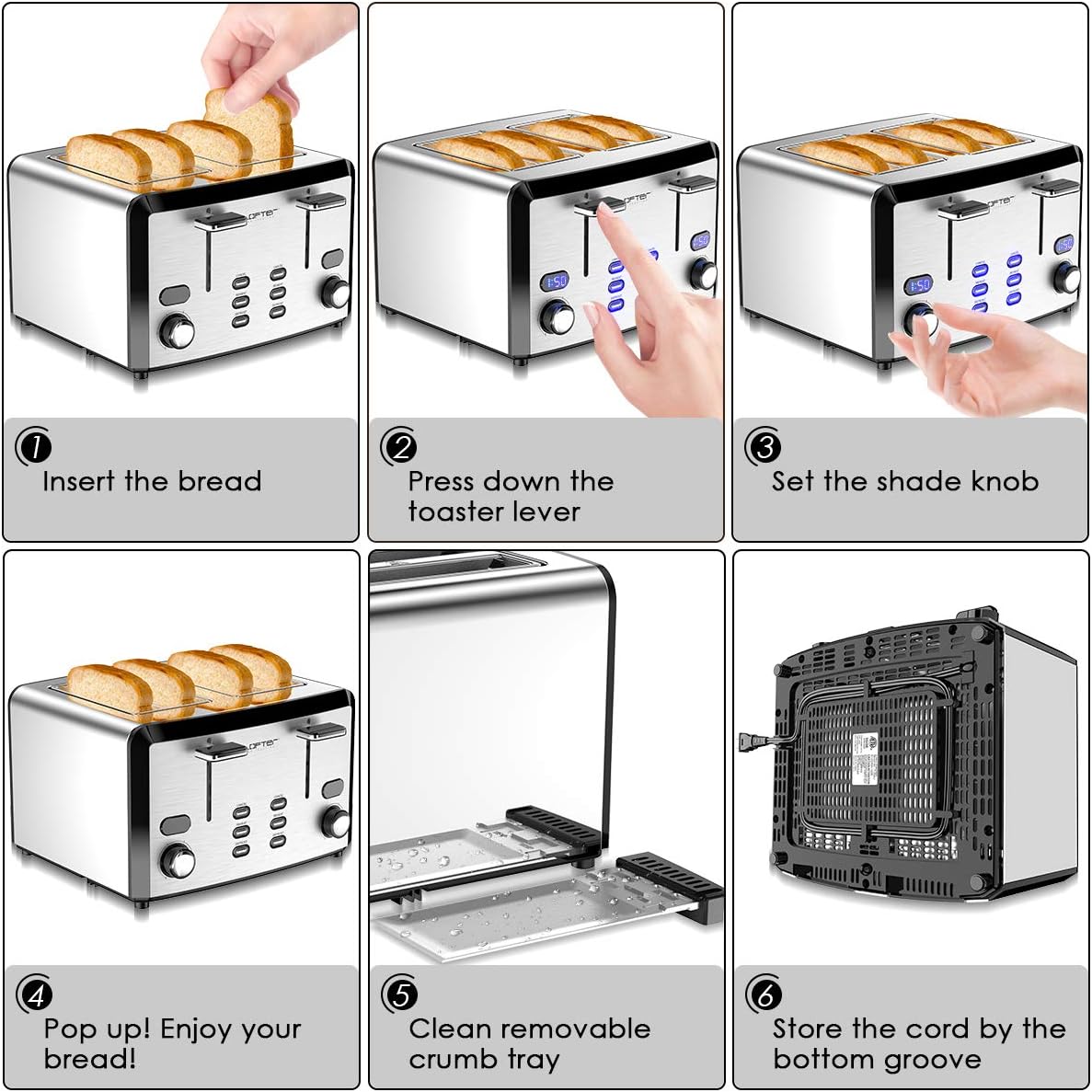 LOFTER Toaster, Prime Rated Bread Toasters with Compact LED Display, Removable Crumb Tray (4 Slice) 