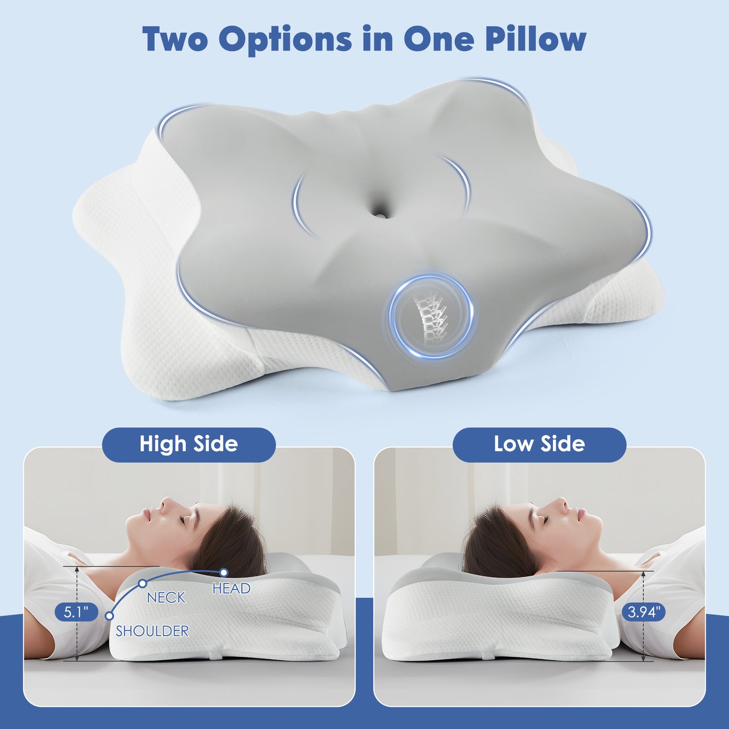 MOONORAH Orthopedic Pillow for Neck Pain Relief, Cervical Bed Pillow, Contour Memory Foam Pillow, Ergonomic Pillows for Side Back Stomach Sleepers with Breathable Pillowcase, Grey