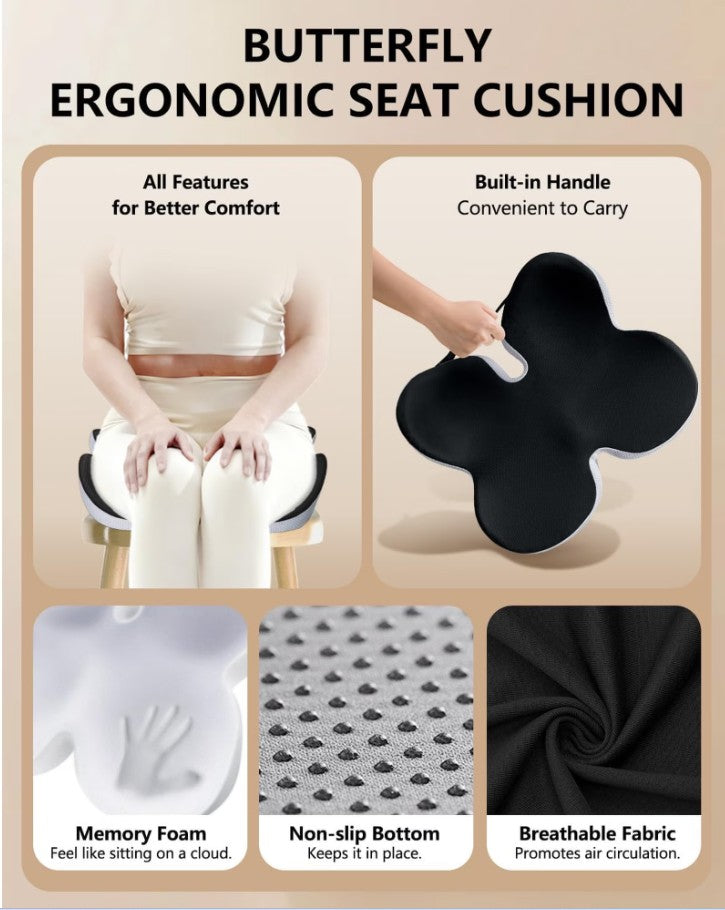 WANALIT Seat Cushion, Breathable Butterfly Memory Foam Coccyx Cushion, Adjustable Back Strap, Tailbone & Sciatica Pain Relief Pad for Long Sitting - Car, Desk, Wheelchair（Black）