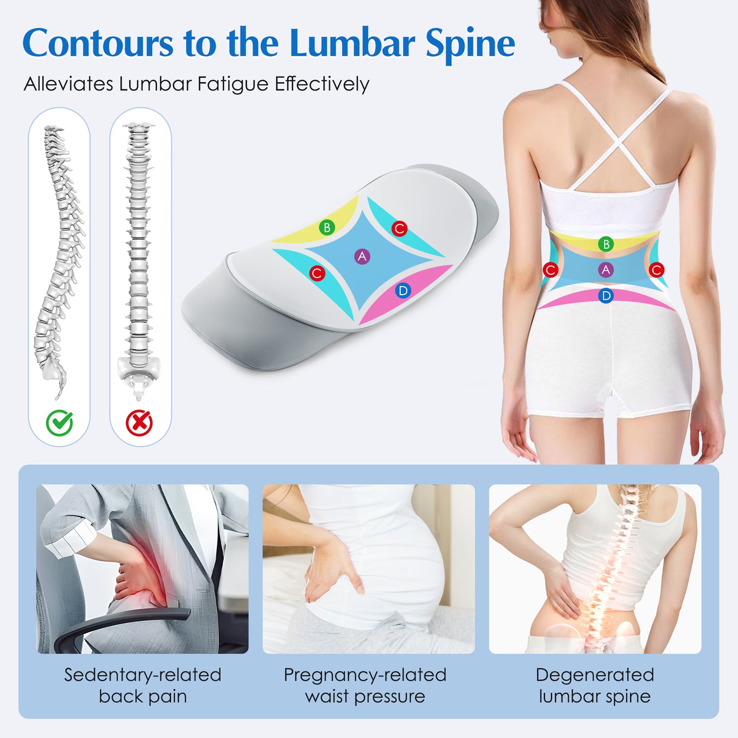 MOONORAH Lumbar Support Pillow for Bed – Memory Foam Lower Back Pain Relief, Adjustable Waist Pillow for Sleeping & Side Sleepers, Washable Cover