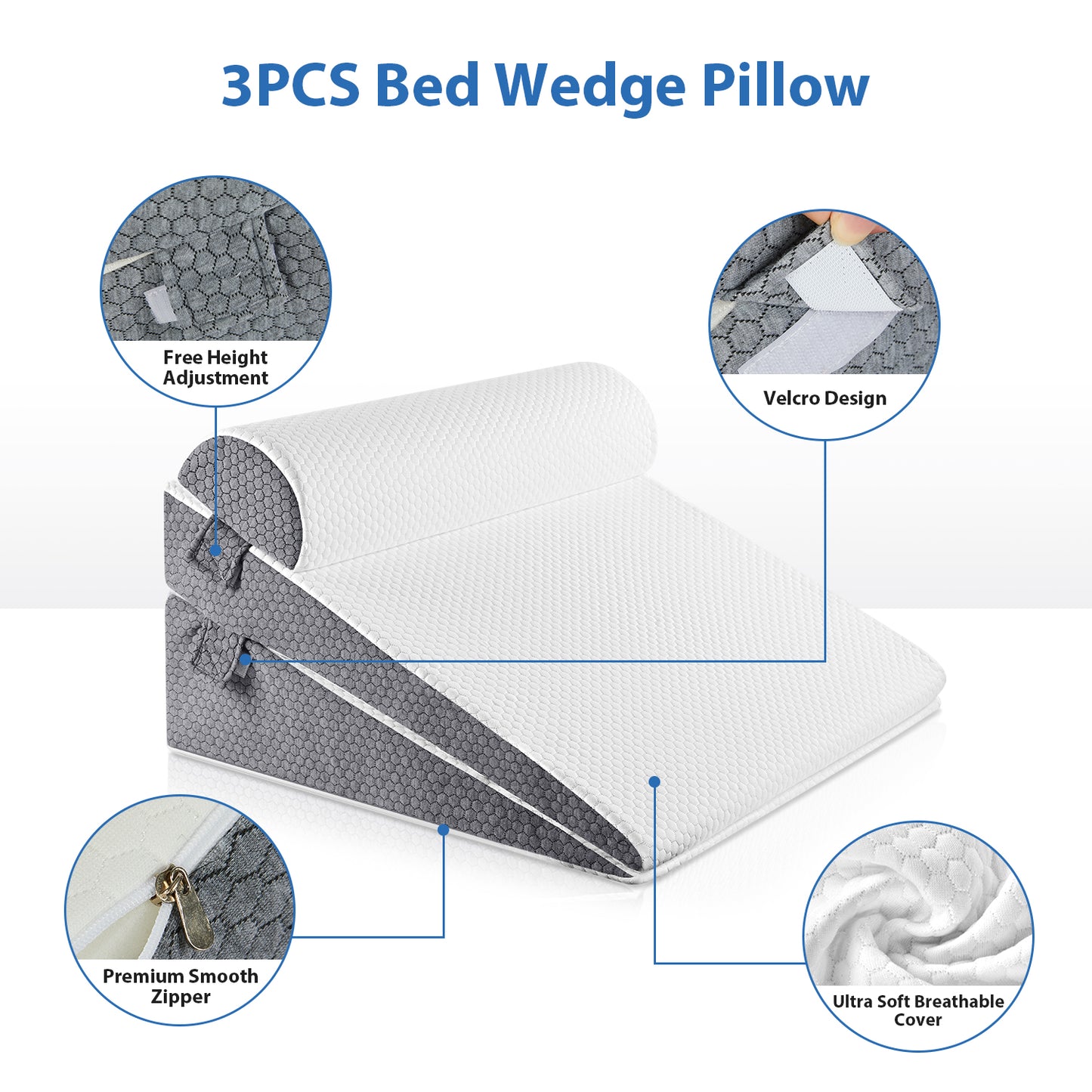 KAIPARA Cooling Wedge Pillow Set, 3-Piece Adjustable Memory Foam Bed Wedge Pillow for Sleeping - Acid Reflux, Snoring, Neck Pain and Back Pain, White and Grey