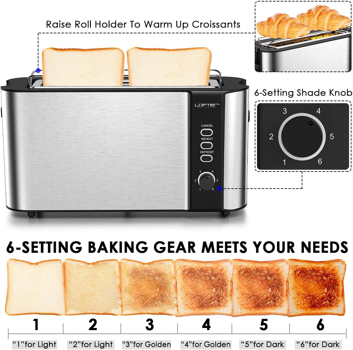 LOFTER Long Slot Toaster, 2 Slice Toaster Best Rated Prime with Warming Rack, 1000W 