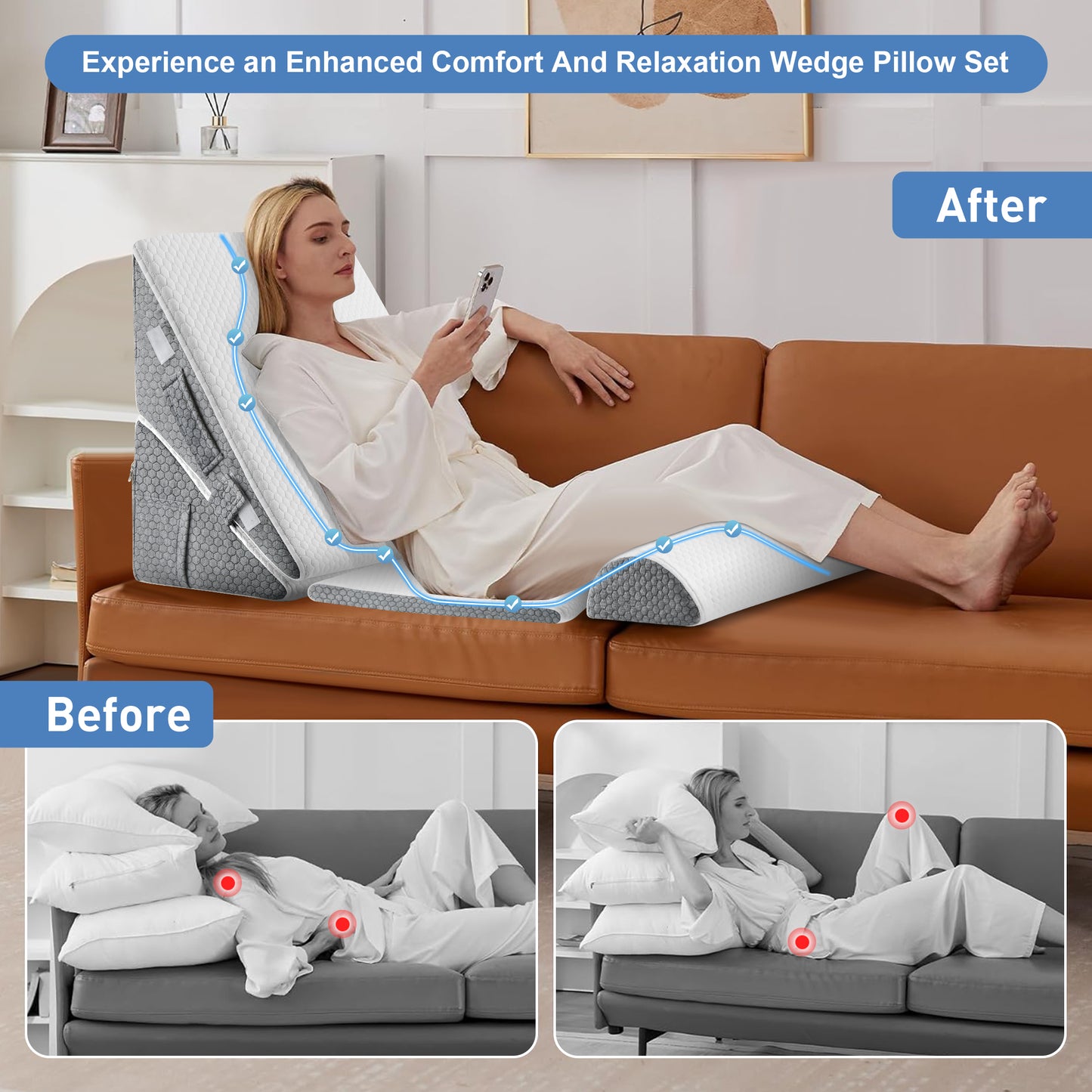 MOONORAH Bed Wedge Pillow with Head Pillow - Adjustable Highly Sponge Post-Surgery Pillow for Back, Leg & Knee Pain, Acid Reflux & Snoring Relief - Orthopedic Support for Sleeping, White