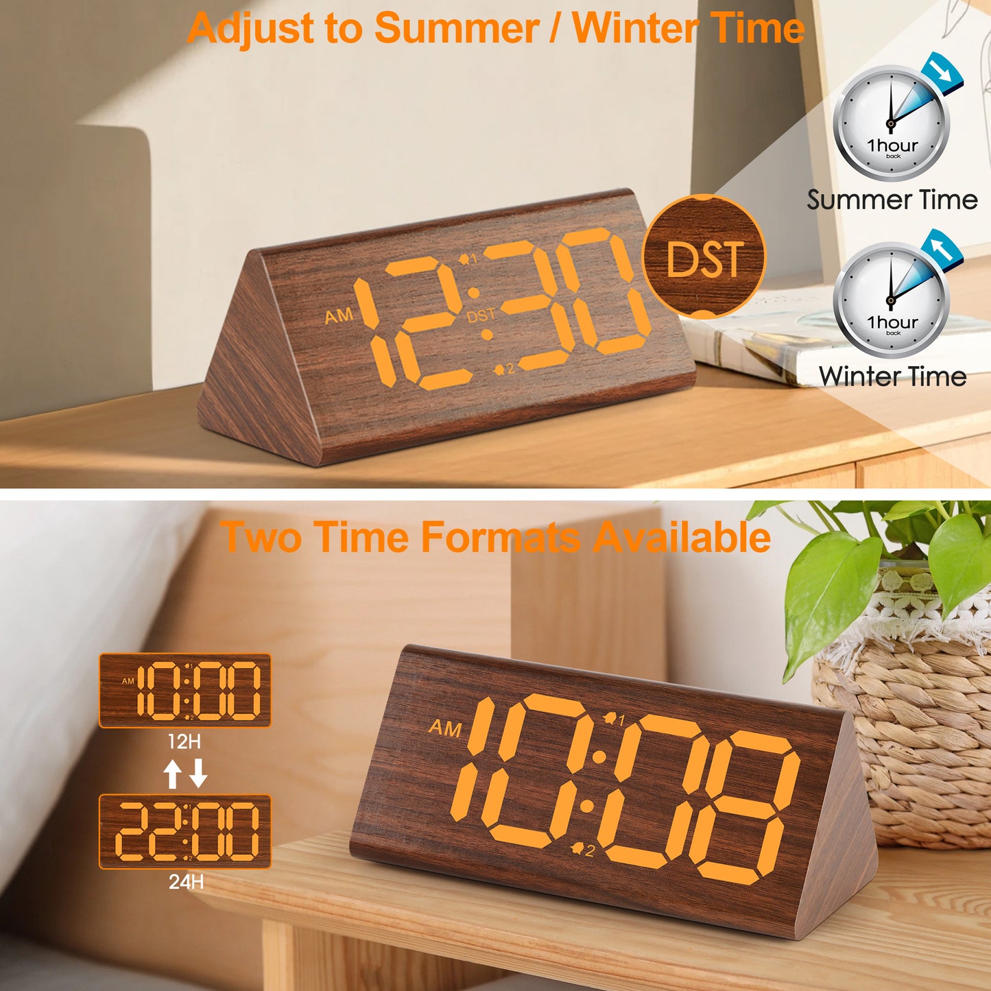 Onekawa Alarm Clock for Bedroom, Wooden Digital Alarm Clocks with Large Big Numbers,Super Loud Alarm Clocks for Heavy Sleepers with USB Charging Port