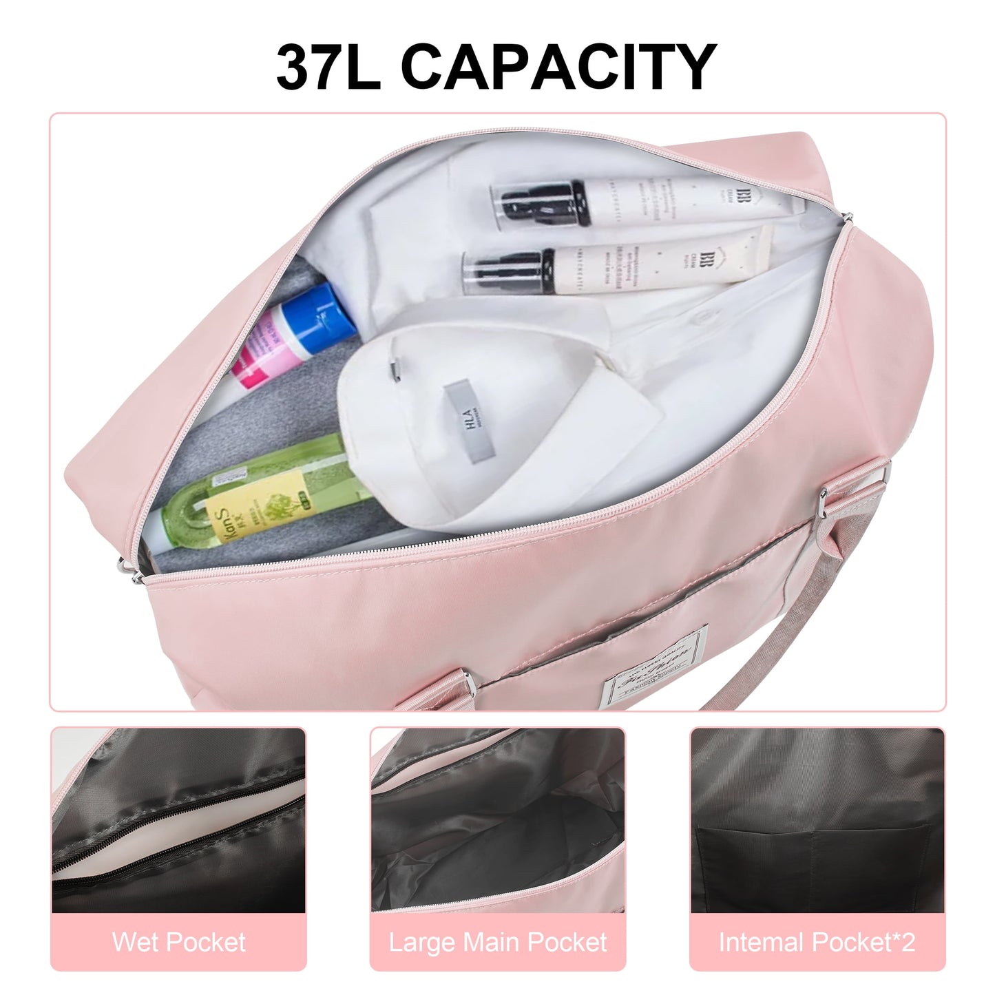 WANALIT Waterproof Duffel Bag for Gym and Travel, Weekender Carry On with Wet Dry Compartment, Luggage Sleeve, Airplane Approved (Pink)