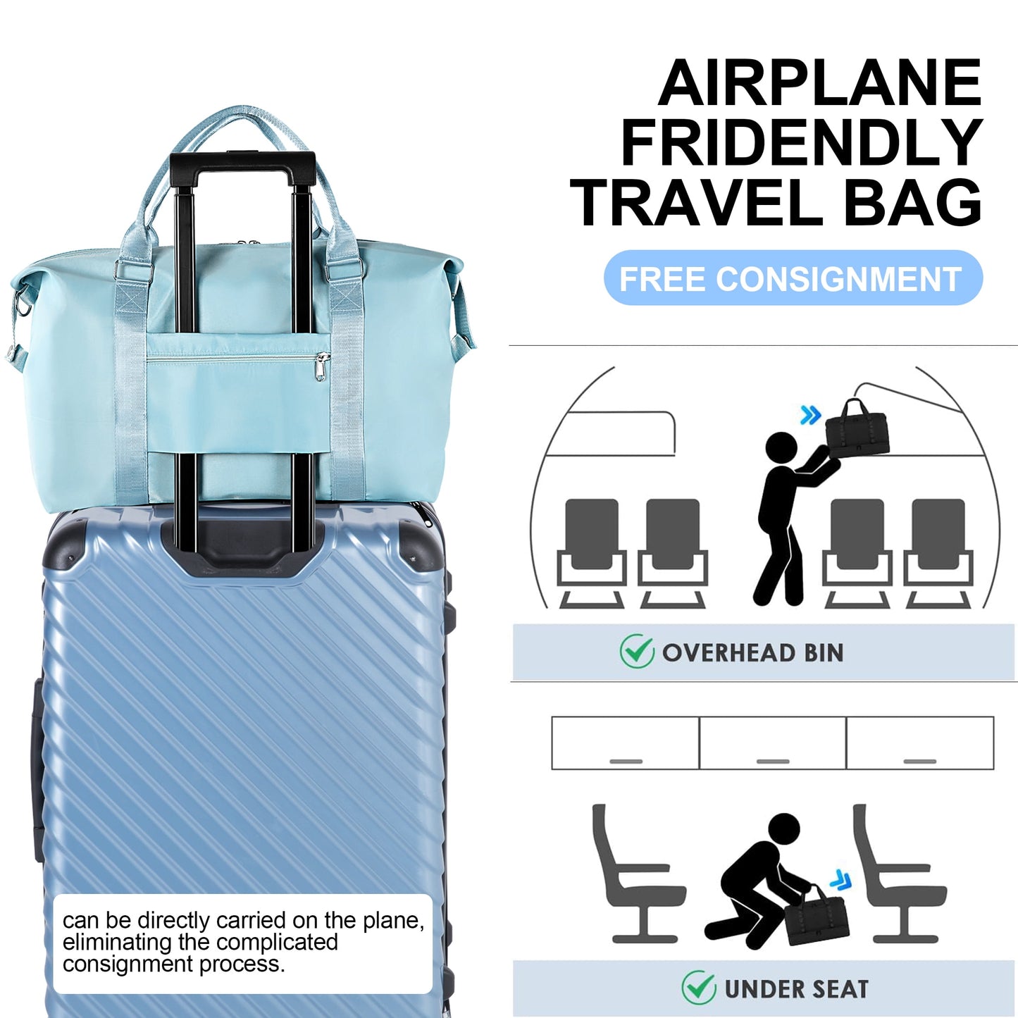 WANALIT Waterproof Duffel Bag for Gym and Travel, Weekender Carry On with Wet Dry Compartment, Luggage Sleeve, Airplane Approved (Blue)