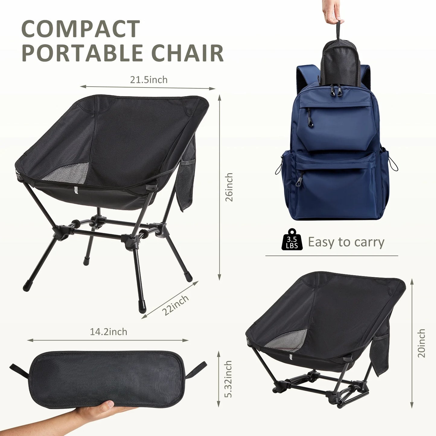 MOONORAH Camping Chair, Folding Portable Camping Chairs, Lightweight Compact Folding Chair Mesh for Outdoor Camp Travel Beach Picnic Festival Hikin with Side Pocket, Storage Bag, Black