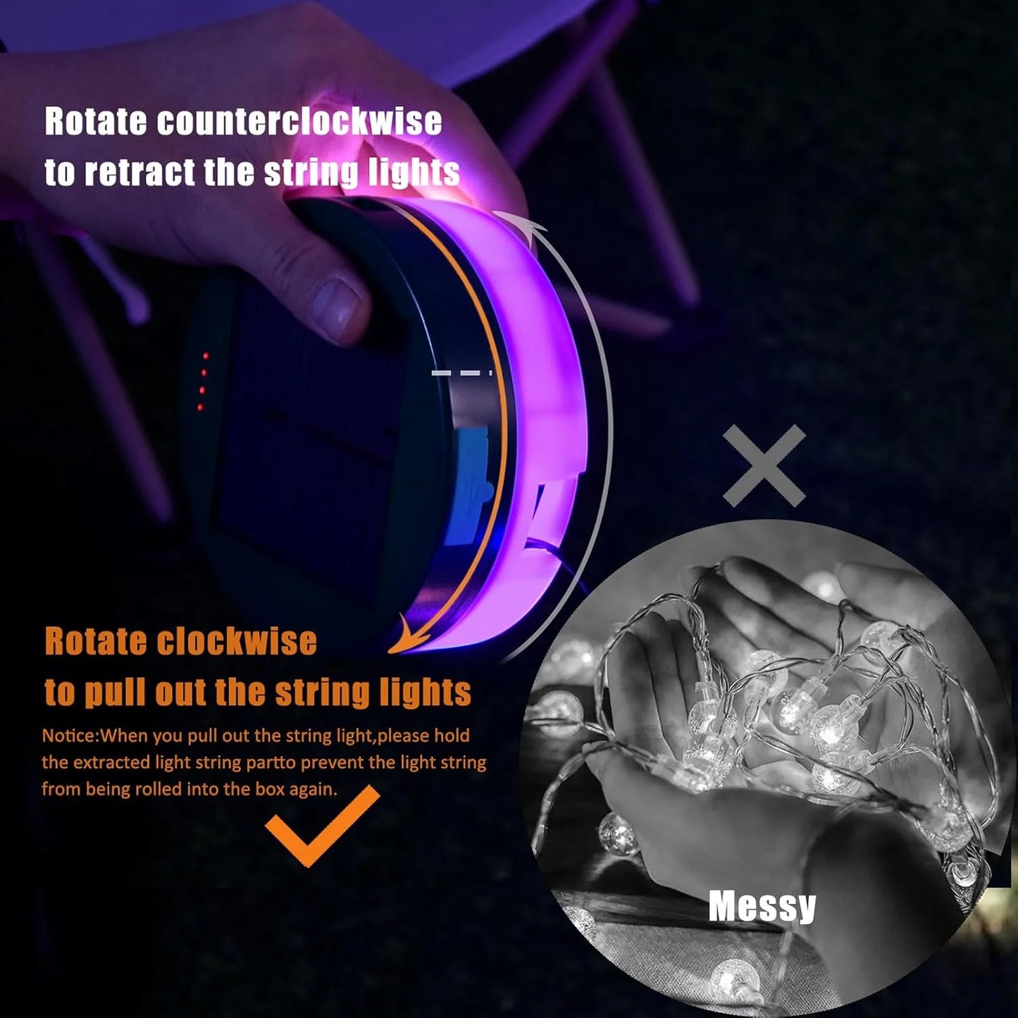 LOFTER-PRO Camping String Lights, 30s Quick Storage Rechargeable Tent Lights 9 Lighting Modes, Hanging Waterproof LED Fairy Lamps for Room Garden Yard Porch Wedding Party Decor, Solar USB Charge