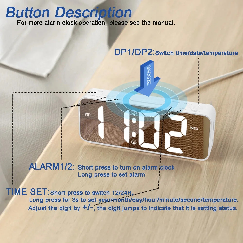 Onekawa 6.5" Digital Alarm Clock for Bederoom,Dimmer Desk Clock with Weekday Calendar & Temperature,Large Numbers LED Display,Adjustable Dual Alarm Volumes,12/24H, Snooze ,White