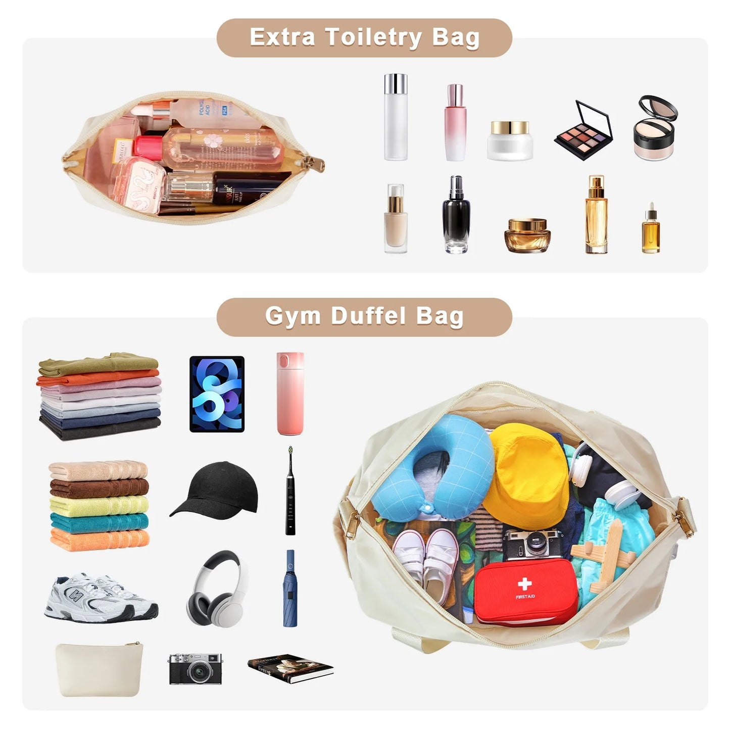MOONORAH Travel Duffel Bag, Tote Gym Bag, Shoulder Weekender Overnight Bag for Women, Carry Bag with Wet Dry Pocket/Front Phone Pocket/USB Charging Port for Travel, Airline Approved, Beige