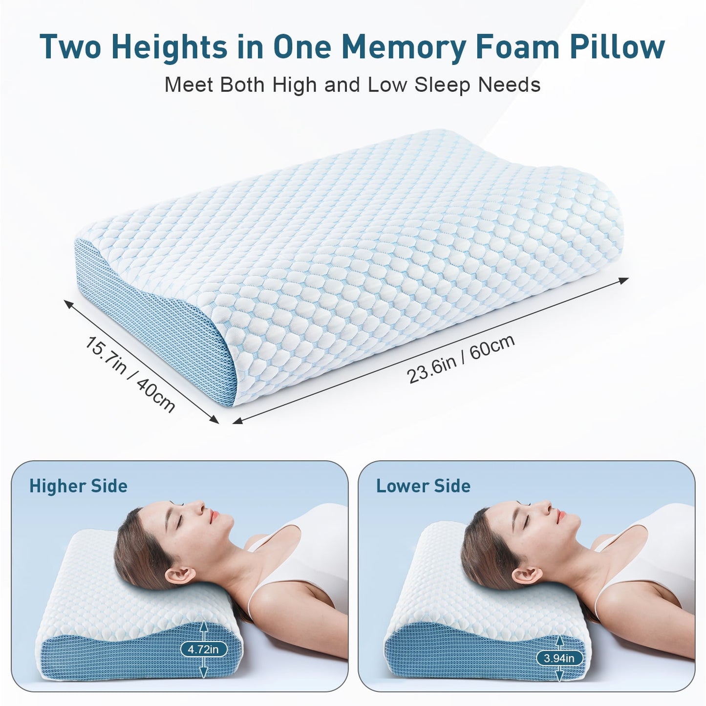 MOONORAH Cervical Memory Foam Pillow for Adults Neck Pain Relief, Ergonomic Pillow for Side Back and Stomach Sleepers with Cooling Breathable Pillowcase Blue