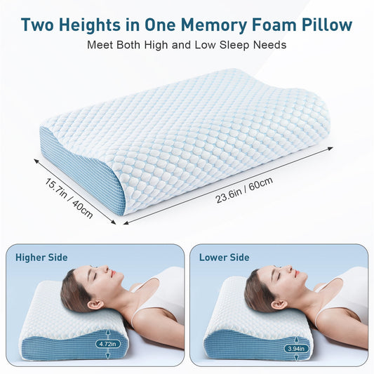 MOONORAH Cervical Memory Foam Pillow for Adults Neck Pain Relief, Ergonomic Pillow for Side Back and Stomach Sleepers with Cooling Breathable Pillowcase Blue