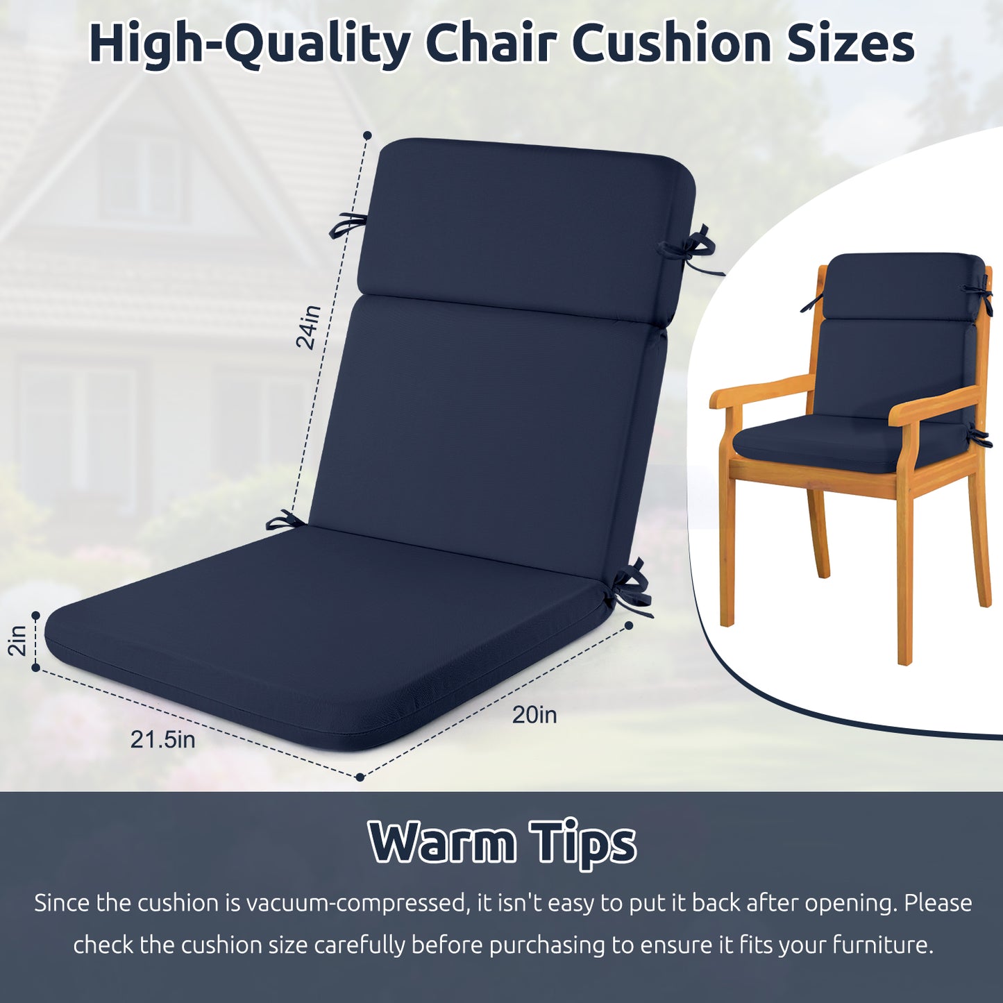 MOONORAH Outdoor Chair Cushions, 44"L x 21.5"W Patio Seat Cushions Outdoor Chair Pads with Ties, Waterproof Outdoor Chair Cushion Garden Sofa Couch Chair Pads, Sofe Comfortable, Blue