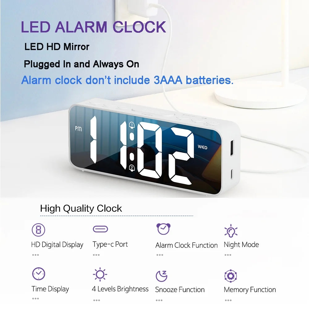 Onekawa 6.5" Digital Alarm Clock for Bederoom,Dimmer Desk Clock with Weekday Calendar & Temperature,Large Numbers LED Display,Adjustable Dual Alarm Volumes,12/24H, Snooze ,White