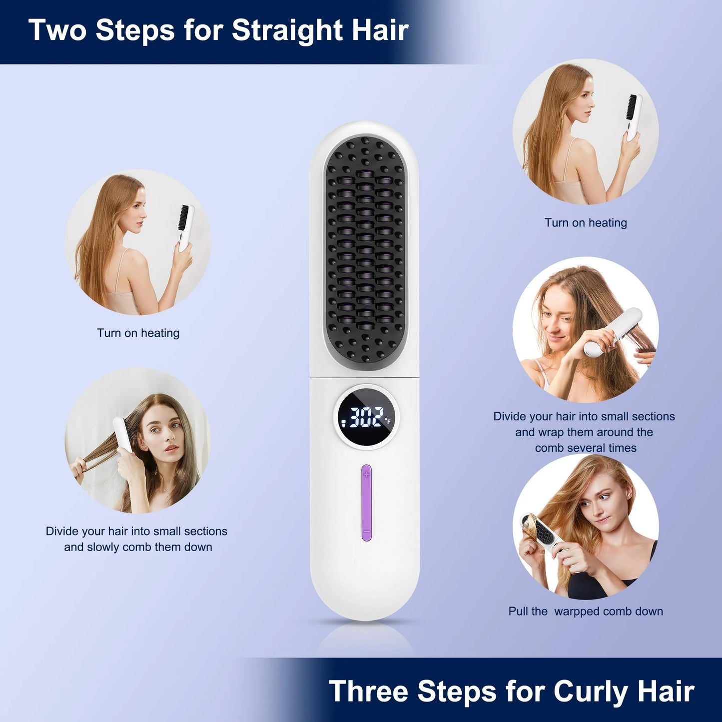 MOONORAH Cordless Hair Straightener Brush with Anion for Women, Electric Portable Ceramic Hot Straightening Comb for Travel with LCD Display & Hair Clips, Fast USB Rechargeable, Anti-Scald, White