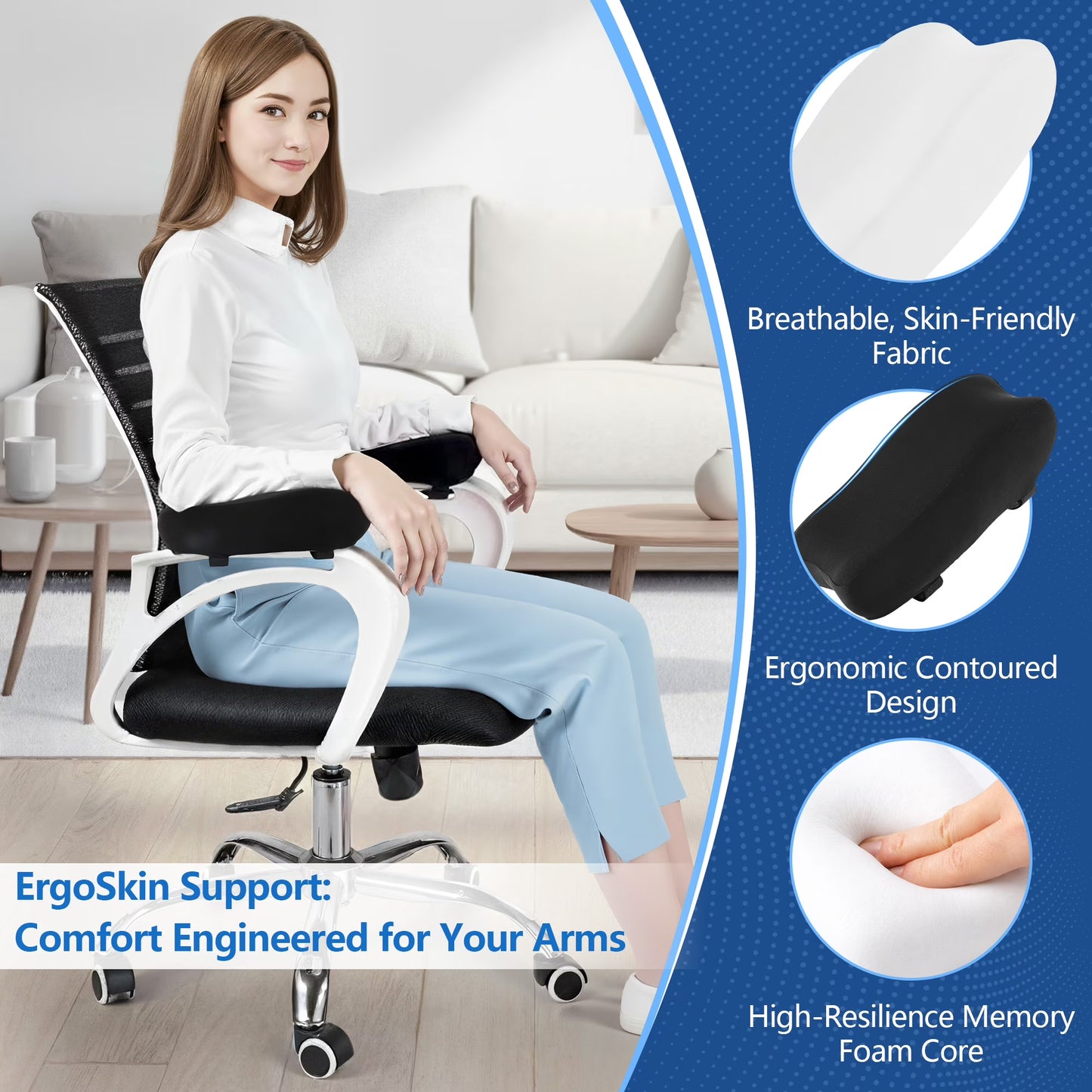 Kaipara Ergonomic Armrest Pads - Memory Foam Cushions - Set of 2, Black