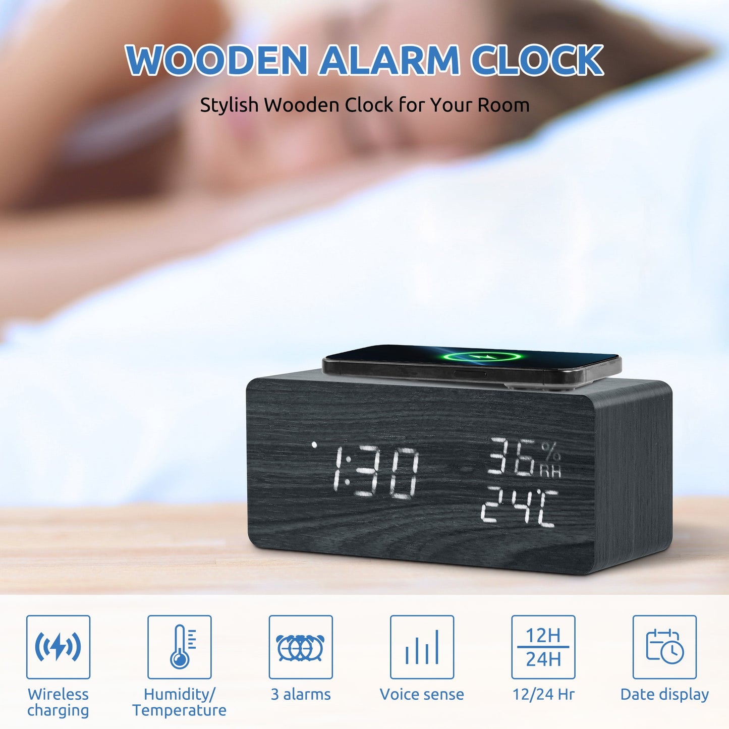 Onekawa Wooden Digital Alarm Clock with Wireless Charging Stylish LED Display for Bedrooms Adjustable Brightness and Voice Control Alarm Clock Perfect for Desks-Black