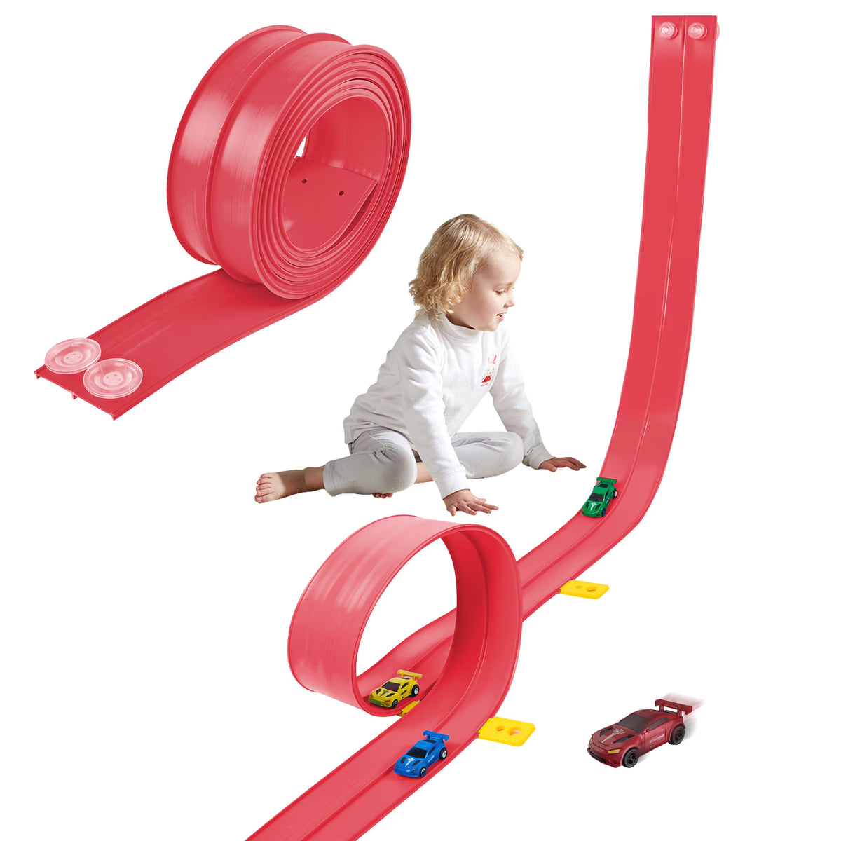 Kaipara Race Track Toy - 12.8 ft Flexible Track with 4 Pull Back Cars - Red