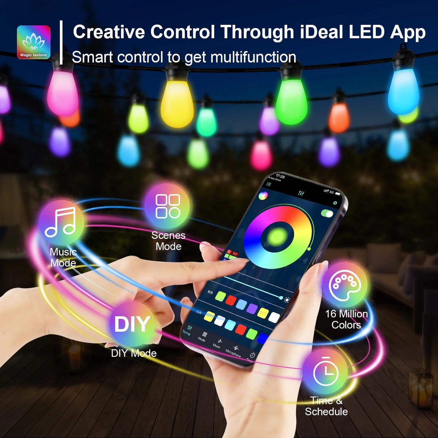LOFTER-PRO Outdoor String Lights, LED Lights for Bedroom, 39Ft 20 Bulbs Smart Dimmable RGB String Lights Fairy Lights Christmas Lights for Halloween Decorations, Patio Lights, APP Control, Waterproof