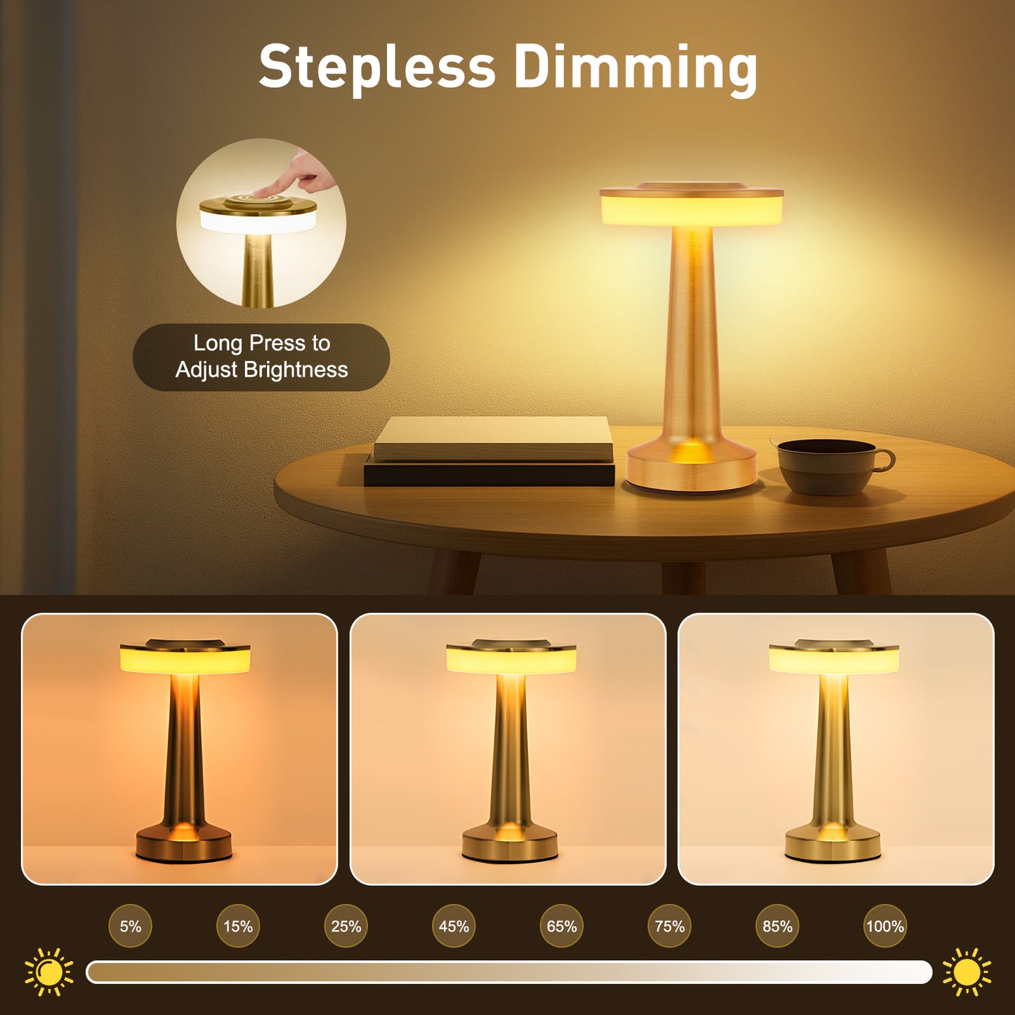 KAIPARA Portable Cordless Table Lamp with Touch Sensor, 3-Levels Brightness, Rechargeable Battery Up to 48 Hours Usage, Night Light for Kids Nursery, Nightstand Lamp, Bedside Lamp (Gold)