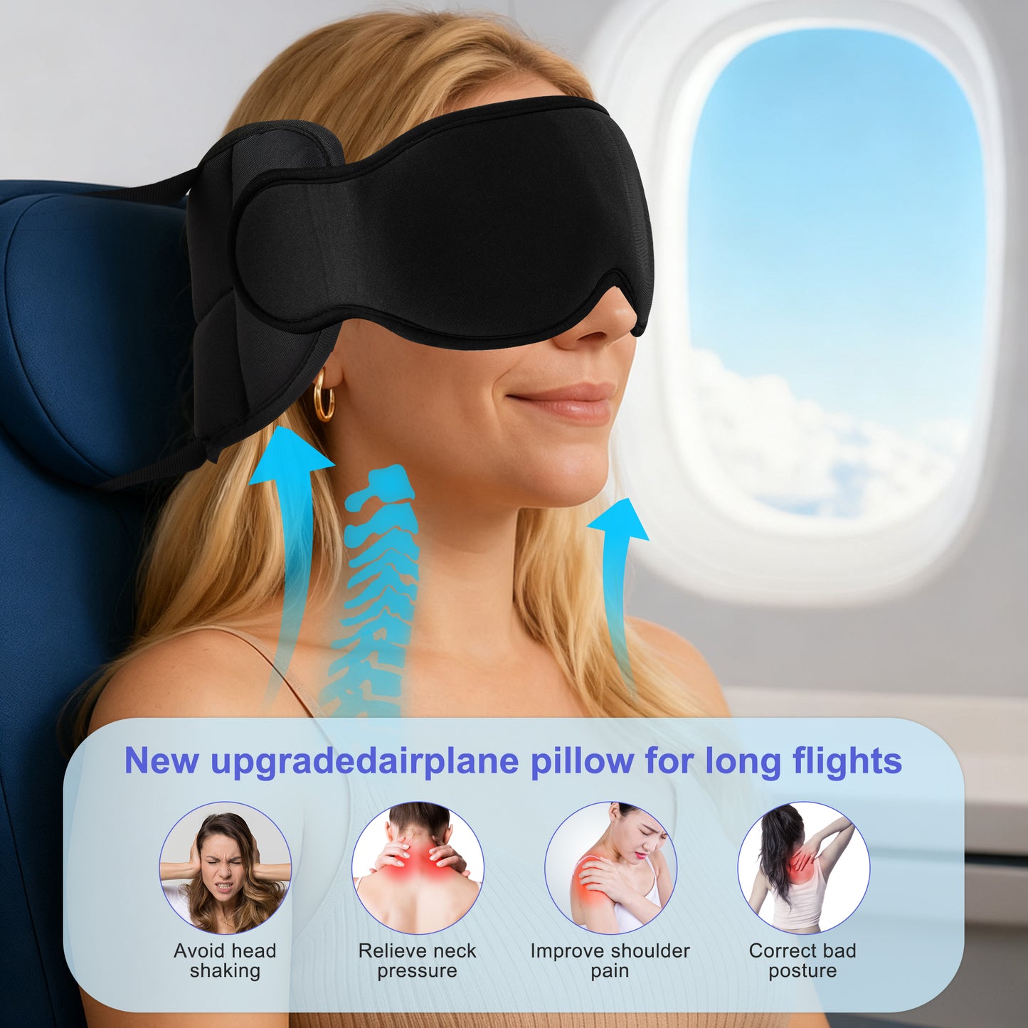 DONAMA Travel Pillow for Airplane, Neck Pillow with 3D Eye Mask & Head Support Strap - 360° Ergonomic Support for Airplanes, Flights, Car Travel -Stop Shaking Your Head ,Black