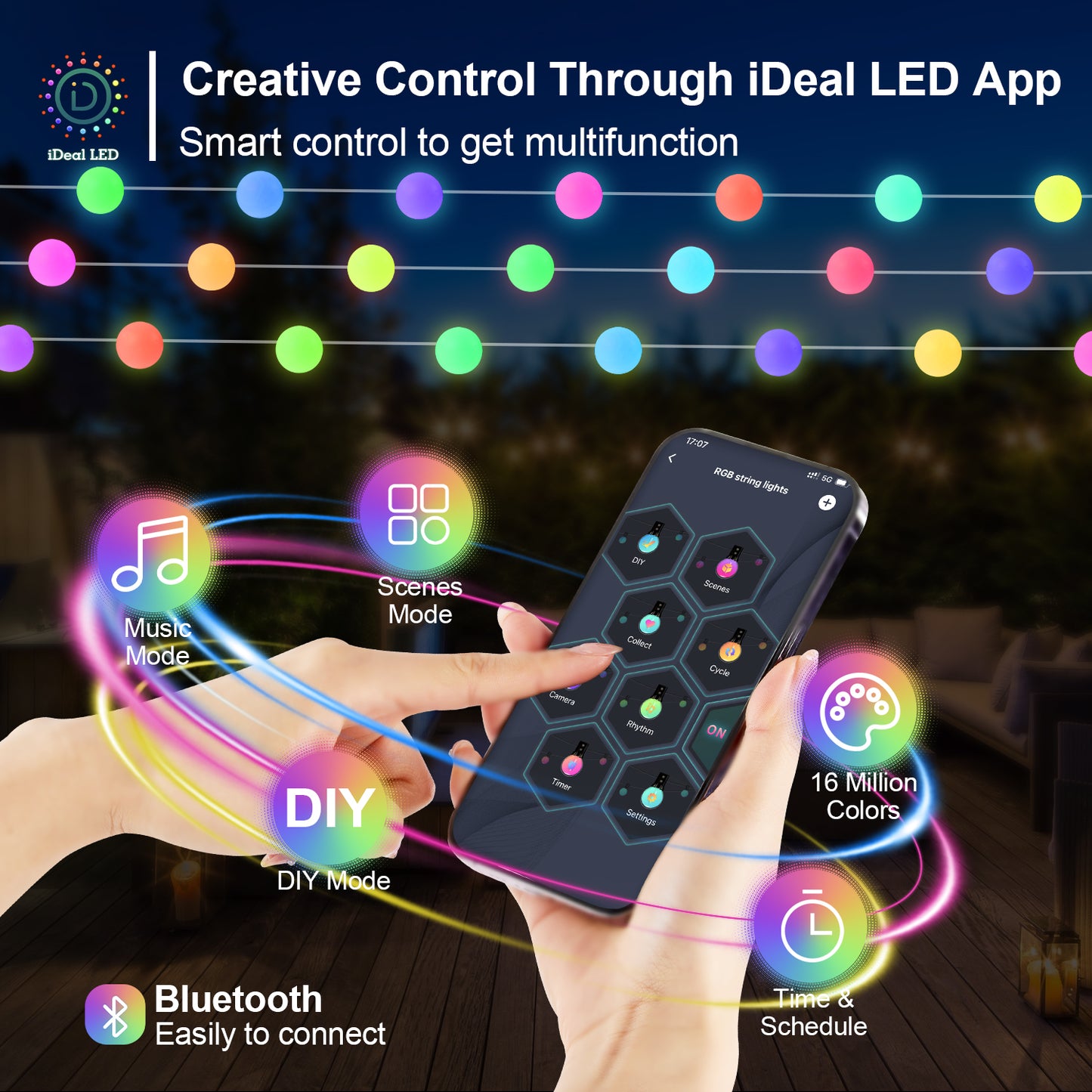 LOFTER-PRO Smart String Lights, Outdoor Lights with Dimmable Warm White LED Bulbs, 47 Scene Modes for Patio, Backyard, Balcony, IP65 Waterproof, App Control and Remote Control