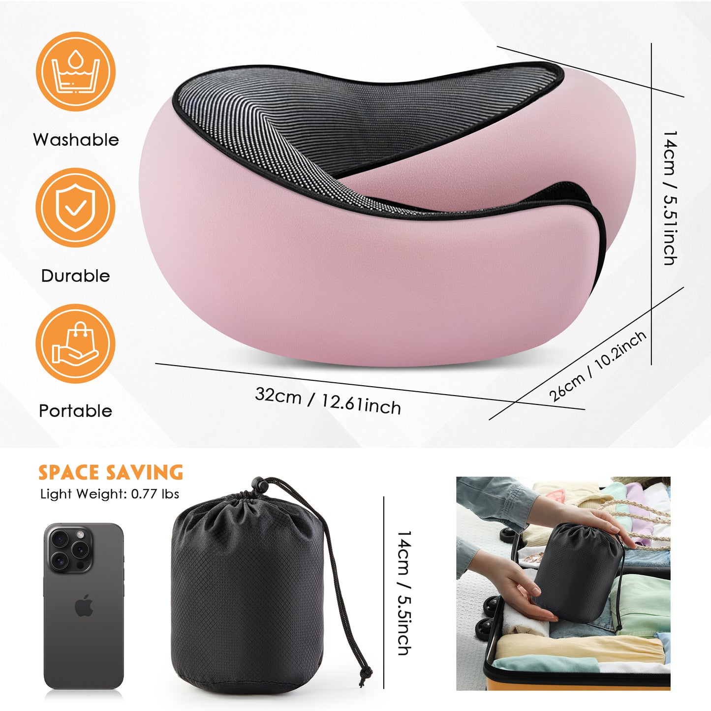 MOONORAH Travel Pillows for Airplanes, Travel Neck Pillow Travel Pillow, 360° Support Memory Foam Travel Pillow with 3D Contoured Eye Mask, Earplugs and Storage Bag for Airplanes Offices, Cars, Pink