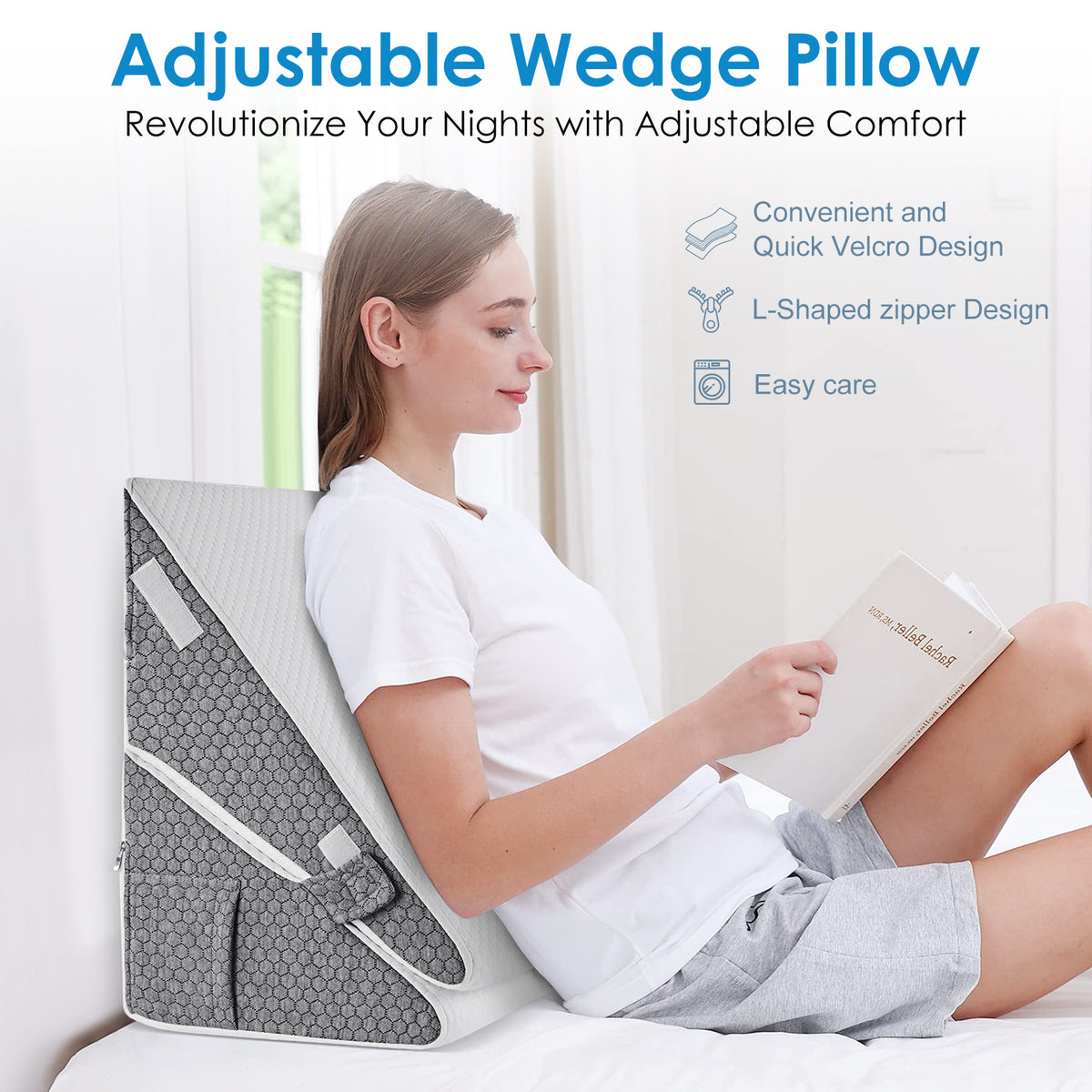 Wedge Pillow for Sleep Apnea, Adjustable Wedge Pillow Headboard, WANALIT Bed Wedge Pillow for Acid Reflux and Back Pain Relief, Pillow Wedge for Sleeping with Neck Support Pillow, White & Grey