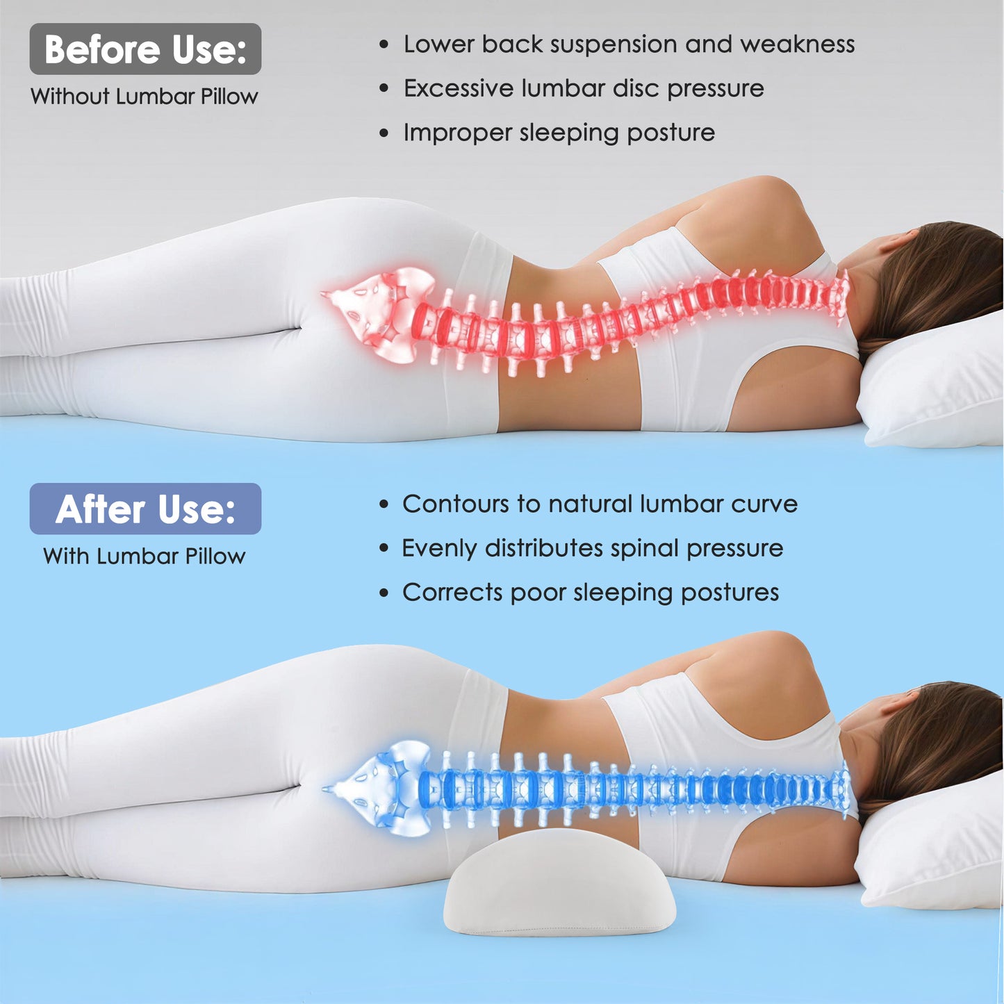 MOONORAH Lumbar Pillow for Sleeping, Memory Foam Waist Support Cushion for Lower Back Pain Relief, Bed & Side Sleeper Pillow for Waist Support, Orthopedic Contour Pillow - Light Grey