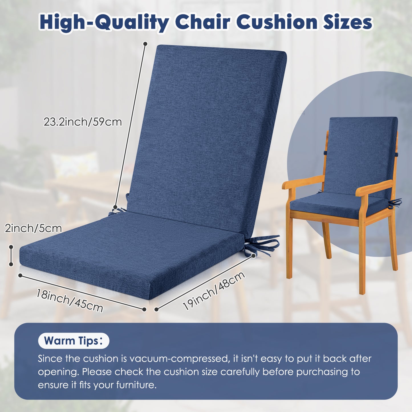 MOONORAH Outdoor Chair Cushions, 42"L x 18"W High Density Sponge with Zipped Waterproof Seat Cushion for Garden Sofa Midback Rocking Chair, Navy Blue