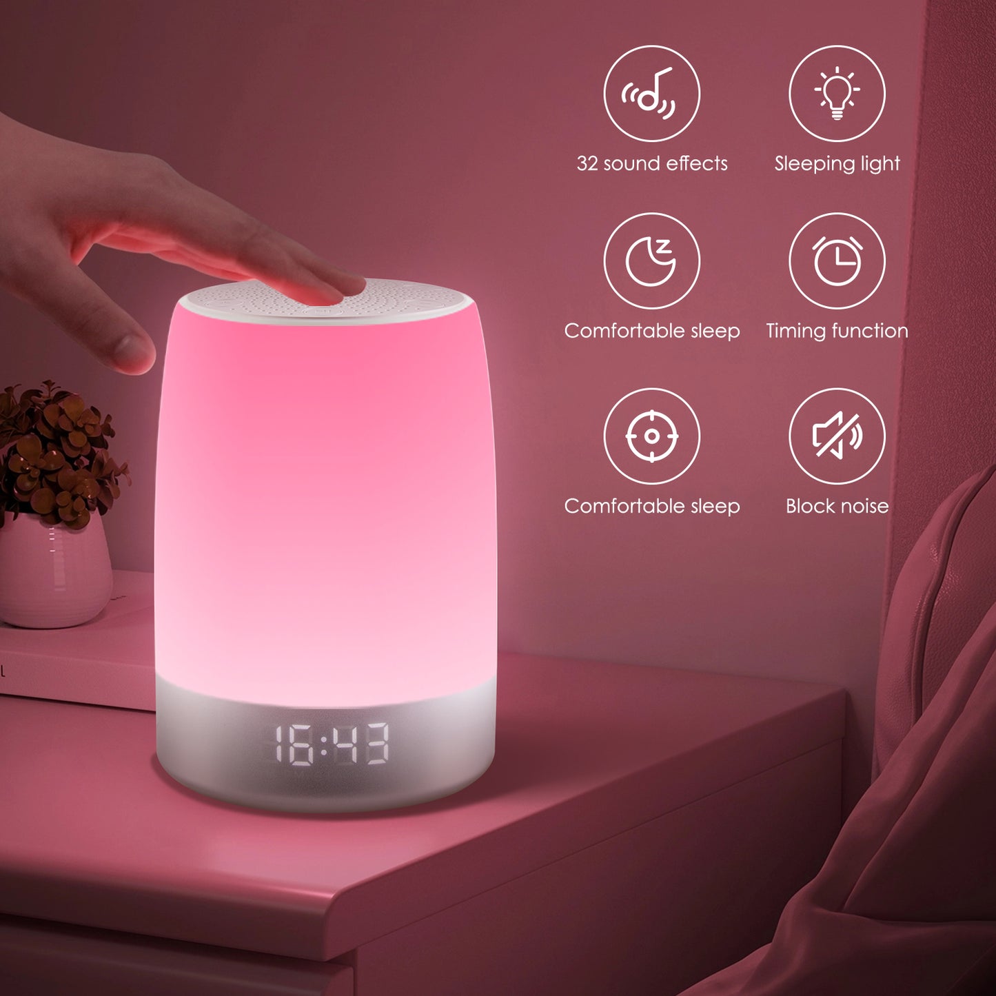 LOFTER-PRO Night Light, Dimmable Touch Lamp for Bedroom, Portable Table Bedside Lamp with Alarm Clock, 8 RGB Colors Changeable & Stepless Dimming, 4 Timers, White