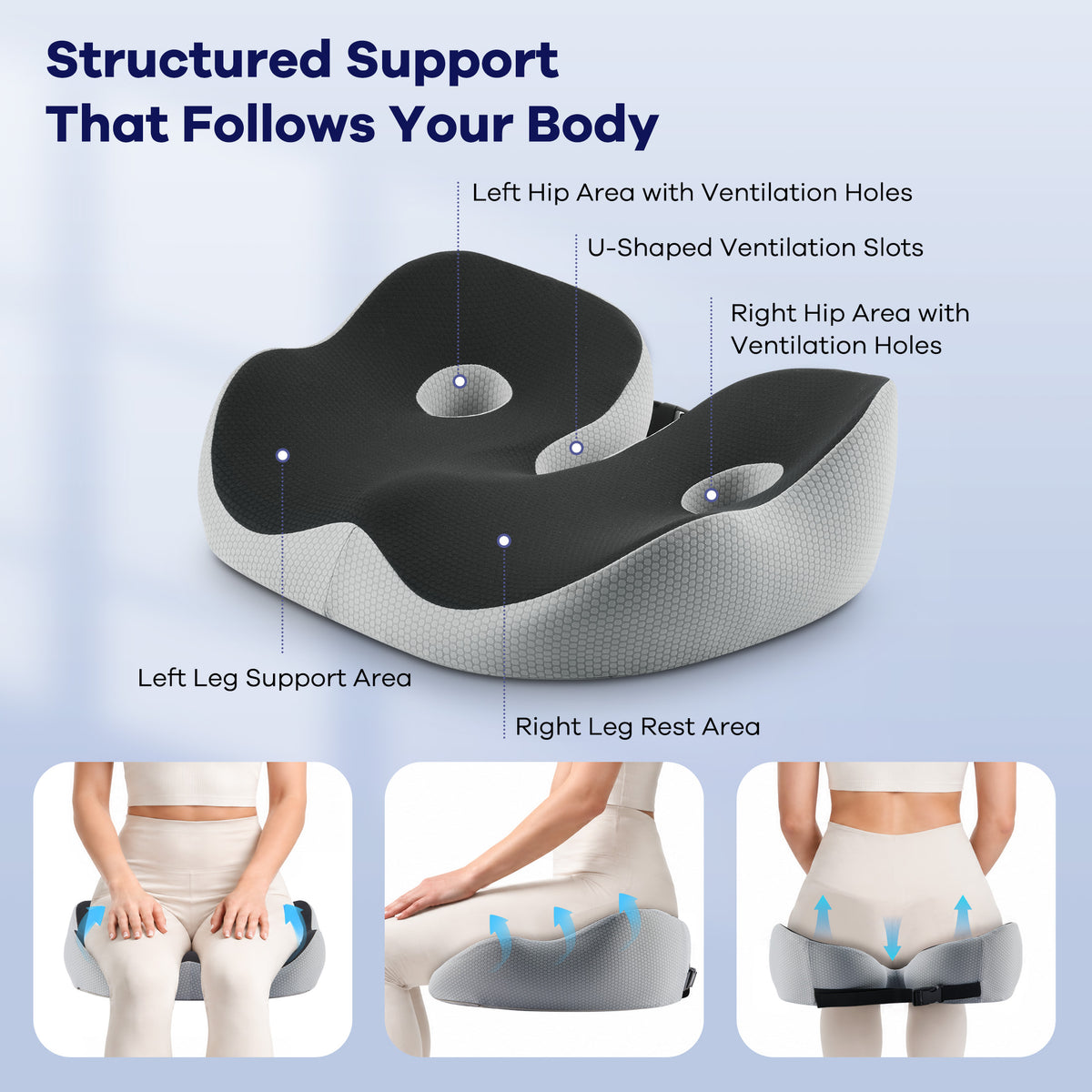 WANALIT Memory Foam Seat Cushion - Sciatica and Tailbone Pain Relief - Large Black
