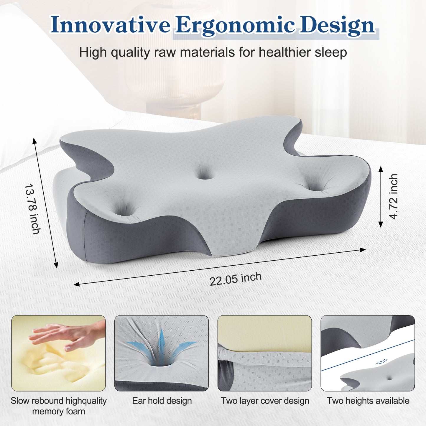 MOONORAH Cervical Pillow for Neck and Shoulder, Ergonomic Side Sleeper Pillow for Neck Support, Contour Memory Foam Pillows for Side Back & Stomach Sleepers with Cooling Pillowcase, Dark Gray
