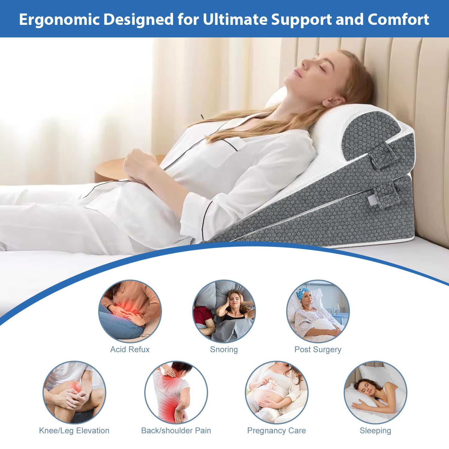 KAIPARA Cooling Wedge Pillow Set, 3-Piece Adjustable Memory Foam Bed Wedge Pillow for Sleeping - Acid Reflux, Snoring, Neck Pain and Back Pain, White and Grey