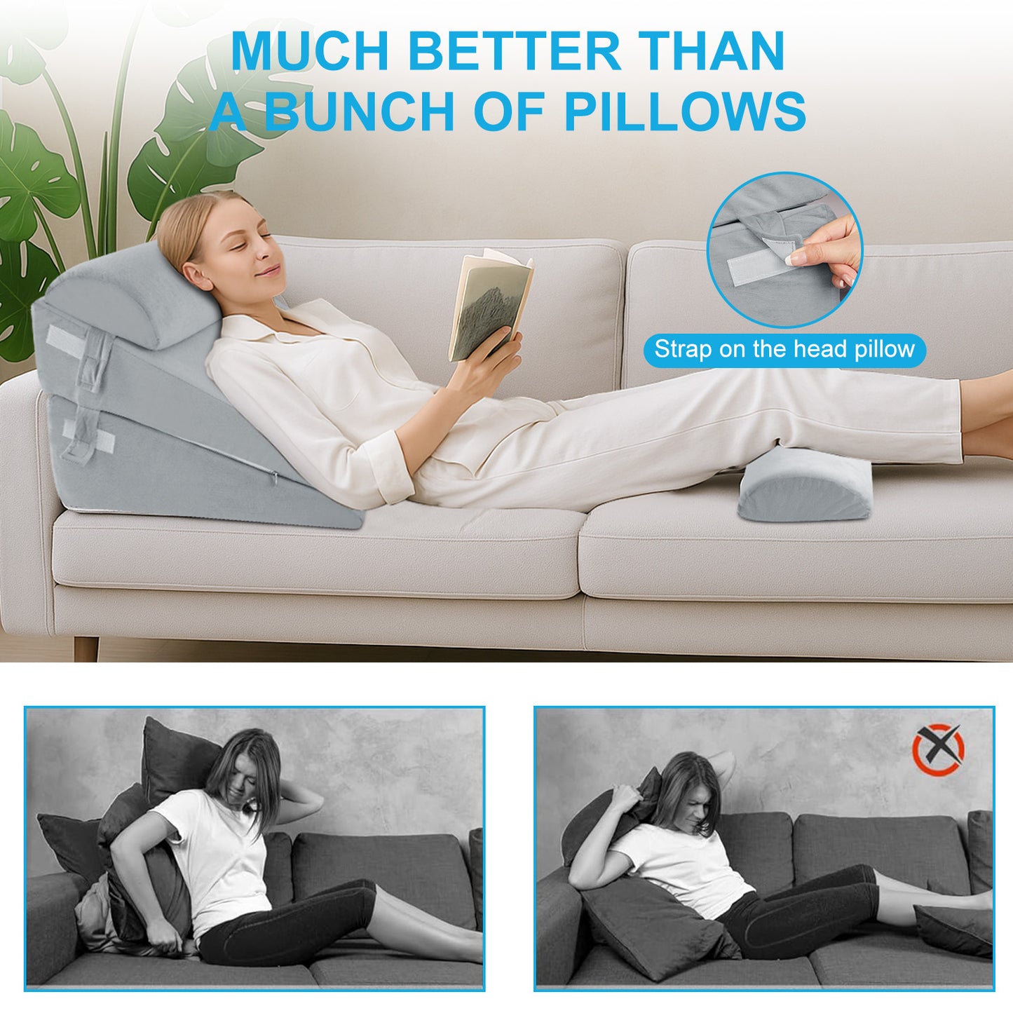 MOONORAH Wedge Pillow for Sleep Apnea, Adjustable Wedge Pillow Headboard, Bed Wedge Pillow for Back, Neck, Leg Pain Relief, Pillow Wedge for Sleeping, Acid Reflux with Neck Support Pillow, Grey