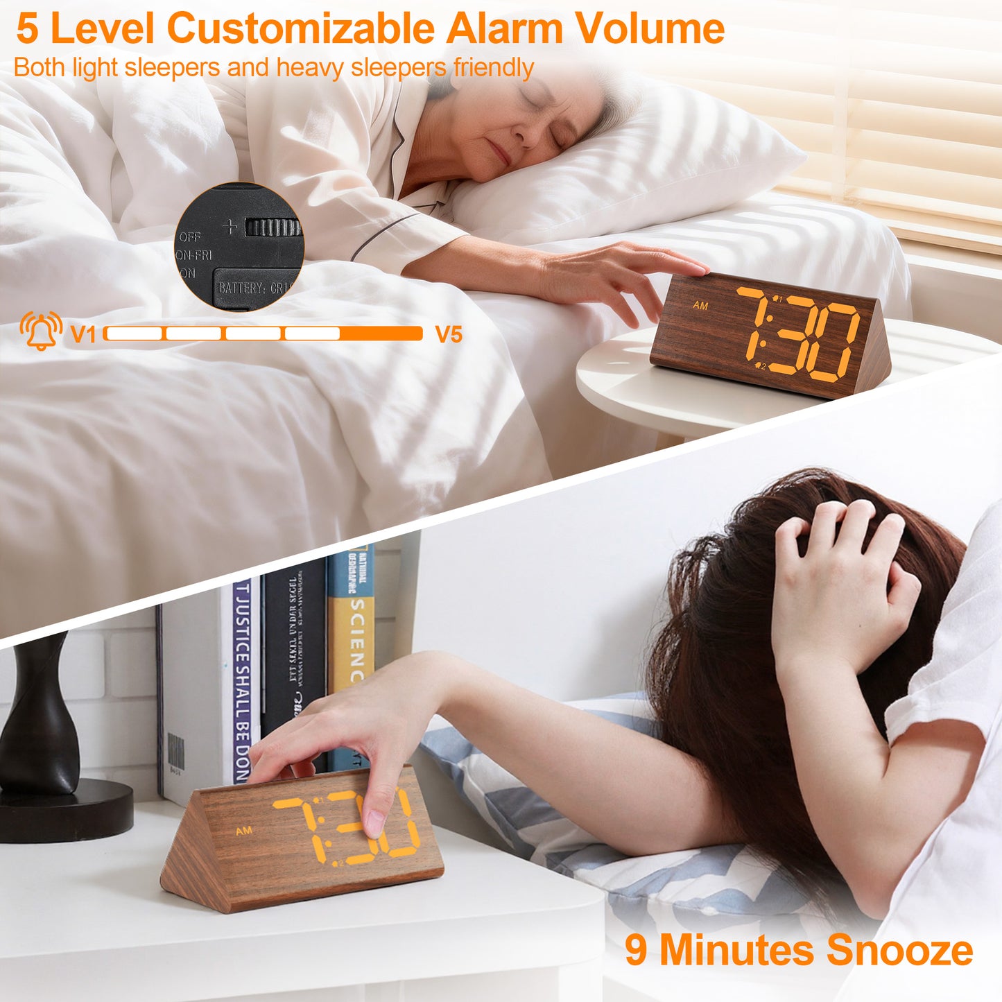 Onekawa Alarm Clock for Bedroom, Wooden Digital Alarm Clocks with Large Big Numbers,Super Loud Alarm Clocks for Heavy Sleepers with USB Charging Port